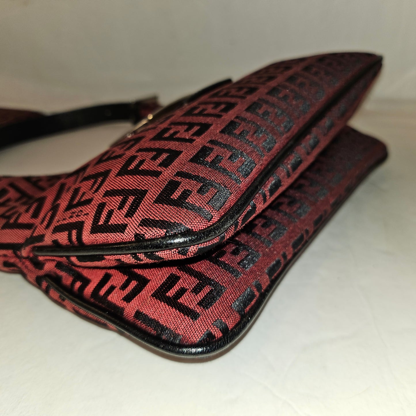 Fendi black Zucchino print on dark red canvas & black leather large baguette w 'V' shaped top
