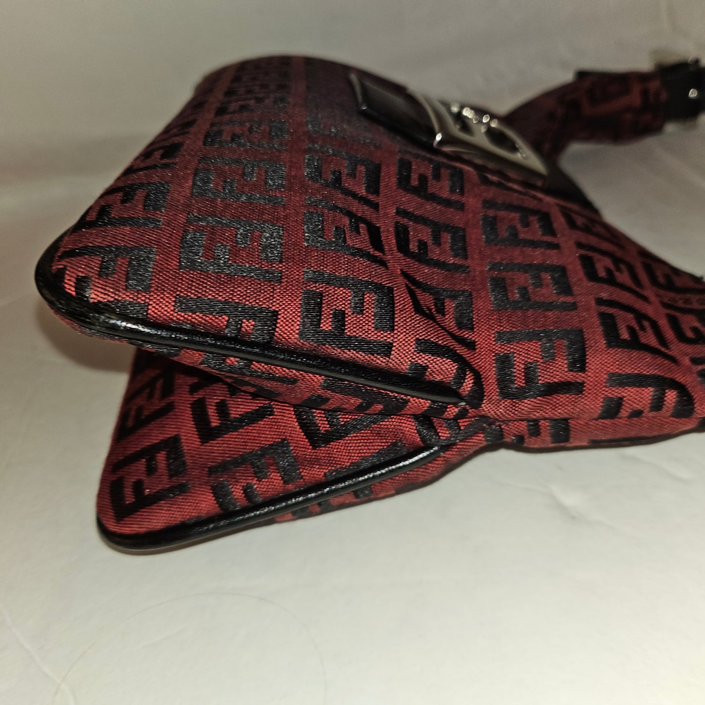 Fendi black Zucchino print on dark red canvas & black leather large baguette w 'V' shaped top