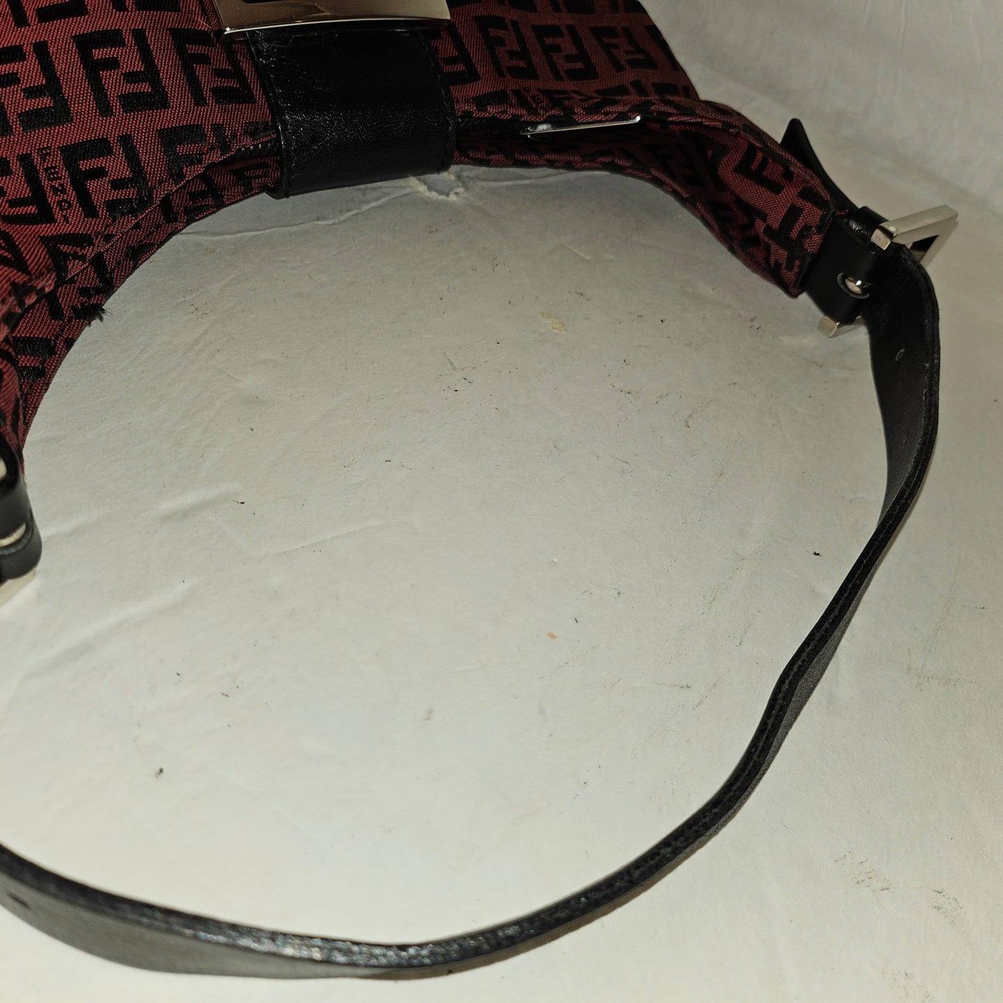 Fendi black Zucchino print on dark red canvas & black leather large baguette w 'V' shaped top