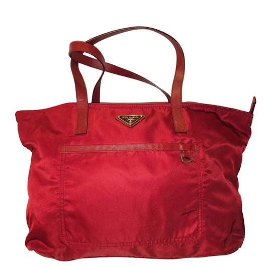 Prada Red Leather & Nylon XL Classic Tote Bag