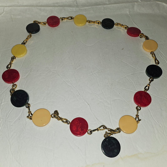 Dior early Bakelite disc chain belt in red, ivory, & blue