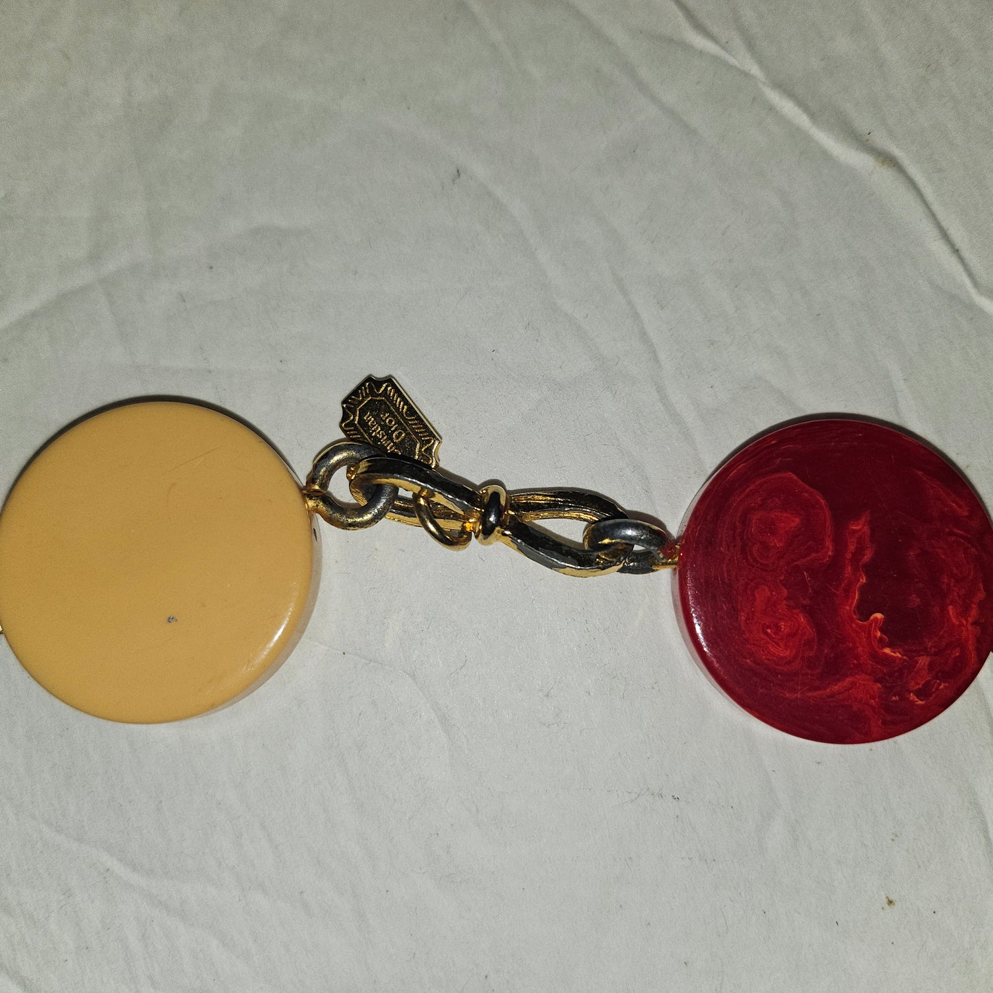 Dior early Bakelite disc chain belt in red, ivory, & blue