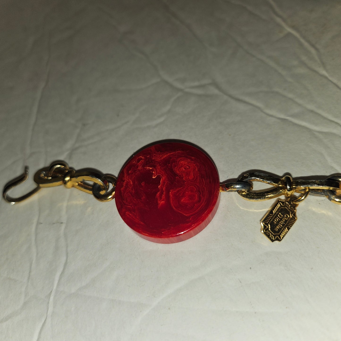 Dior early Bakelite disc chain belt in red, ivory, & blue