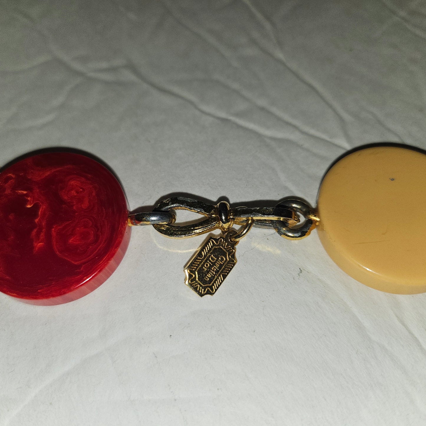 Dior early Bakelite disc chain belt in red, ivory, & blue