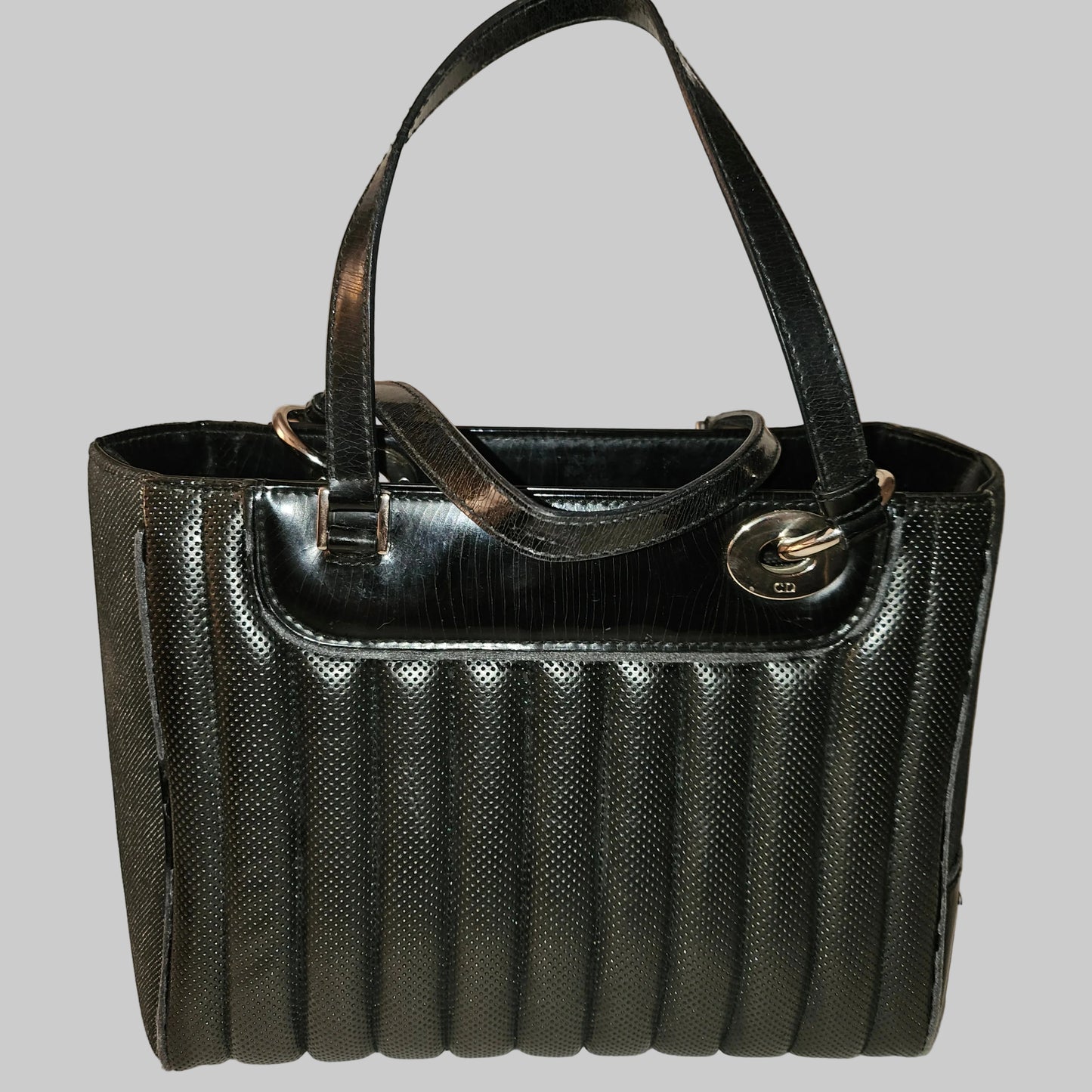 Dior LE Montaigne black leather w denim two way satchel w chrome hardware!