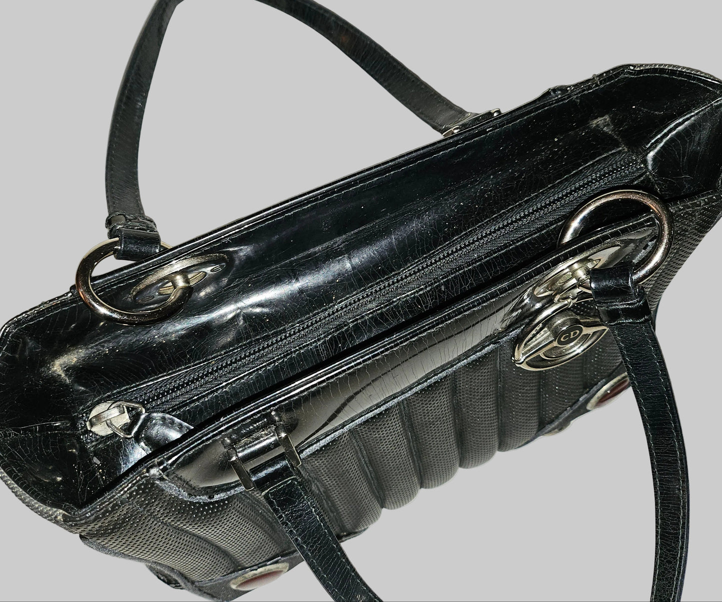 Dior LE Montaigne black leather w denim two way satchel w chrome hardware!