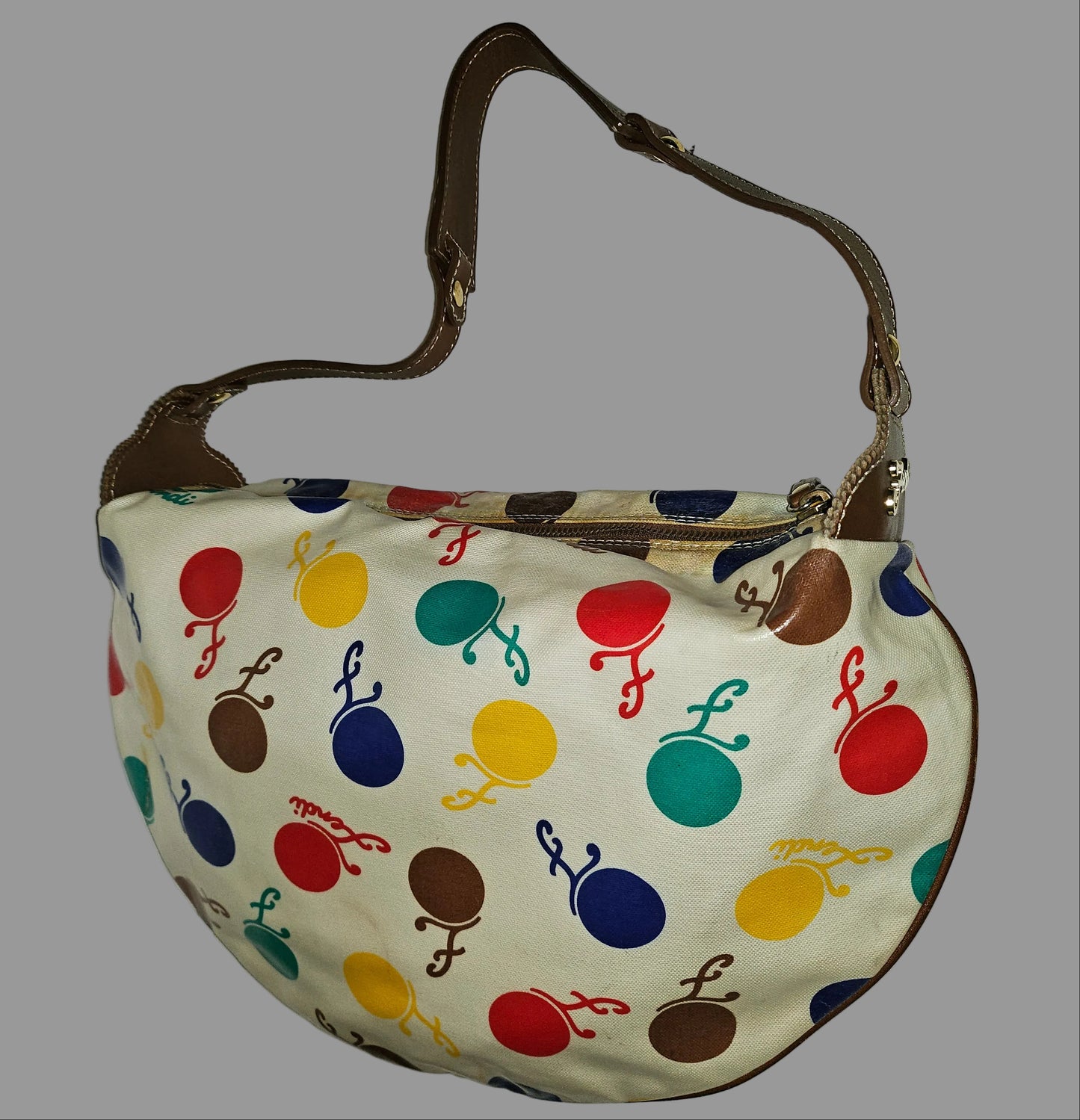 Fendi RARE multicolored print & brown leather Karligraphy hobo