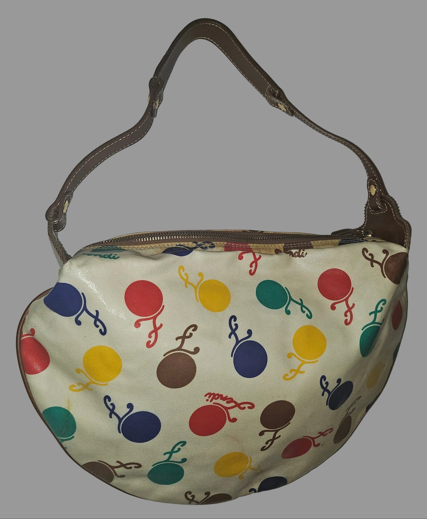 Fendi RARE multicolored print & brown leather Karligraphy hobo