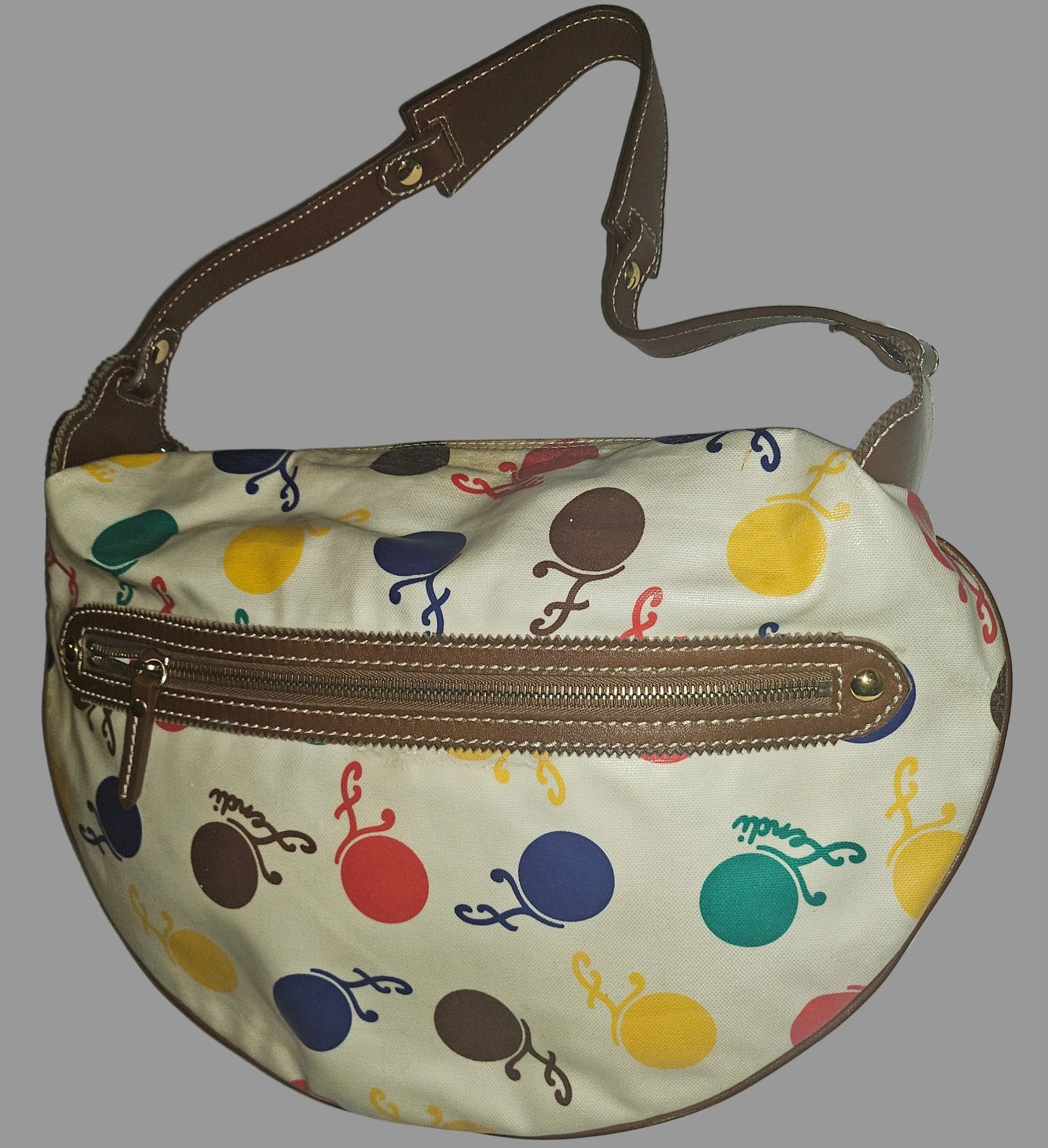 Fendi RARE multicolored print & brown leather Karligraphy hobo