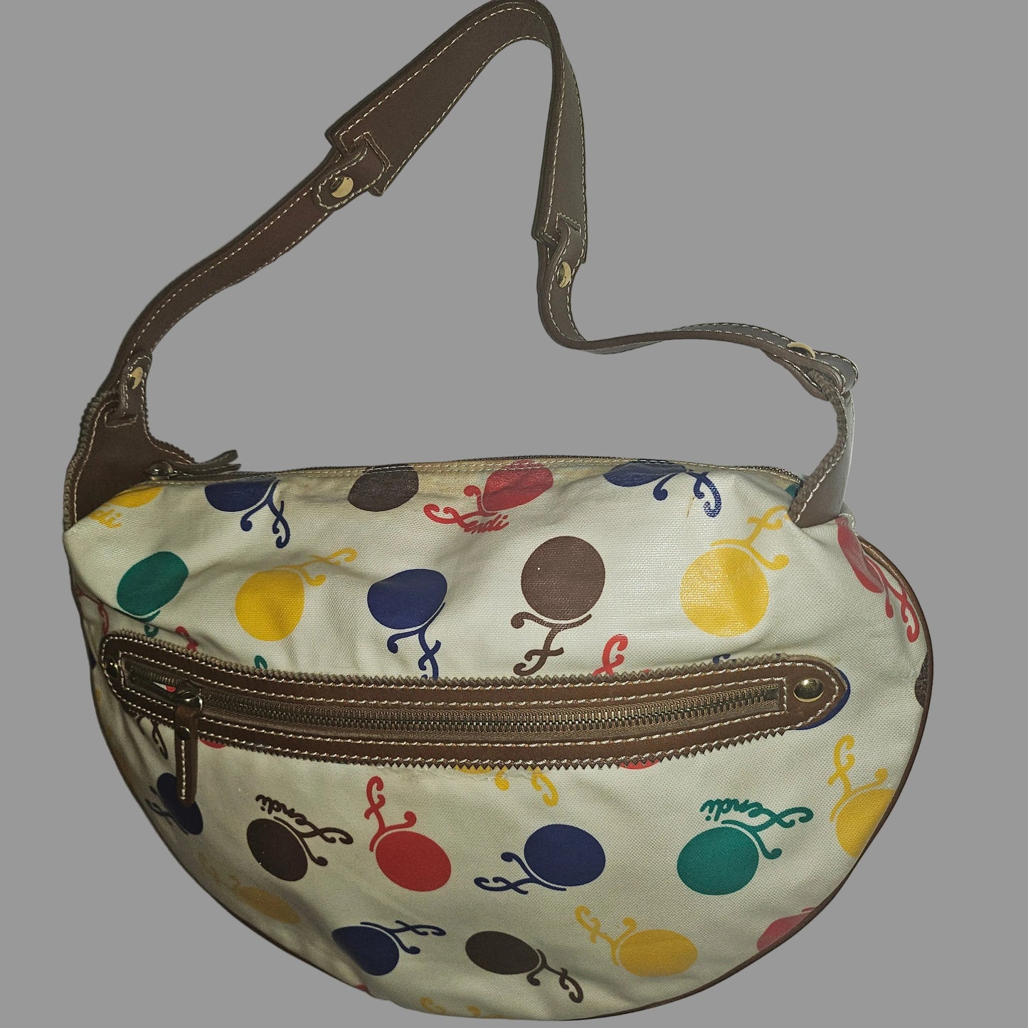 Fendi RARE multicolored print & brown leather Karligraphy hobo