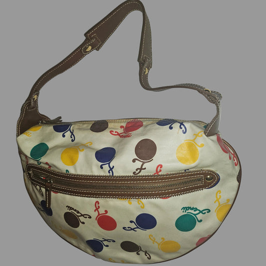 Fendi RARE multicolored print & brown leather Karligraphy hobo