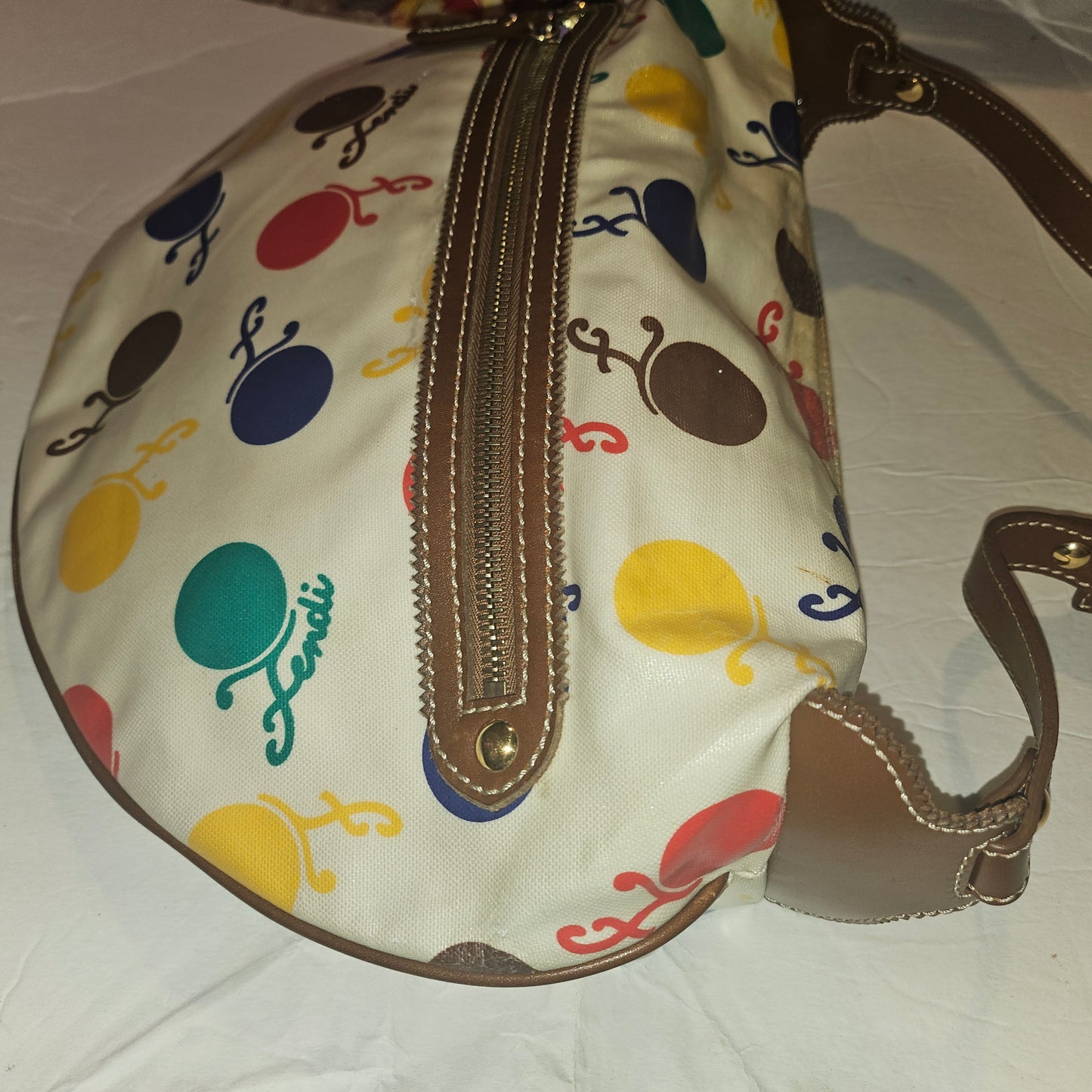 Fendi RARE multicolored print & brown leather Karligraphy hobo