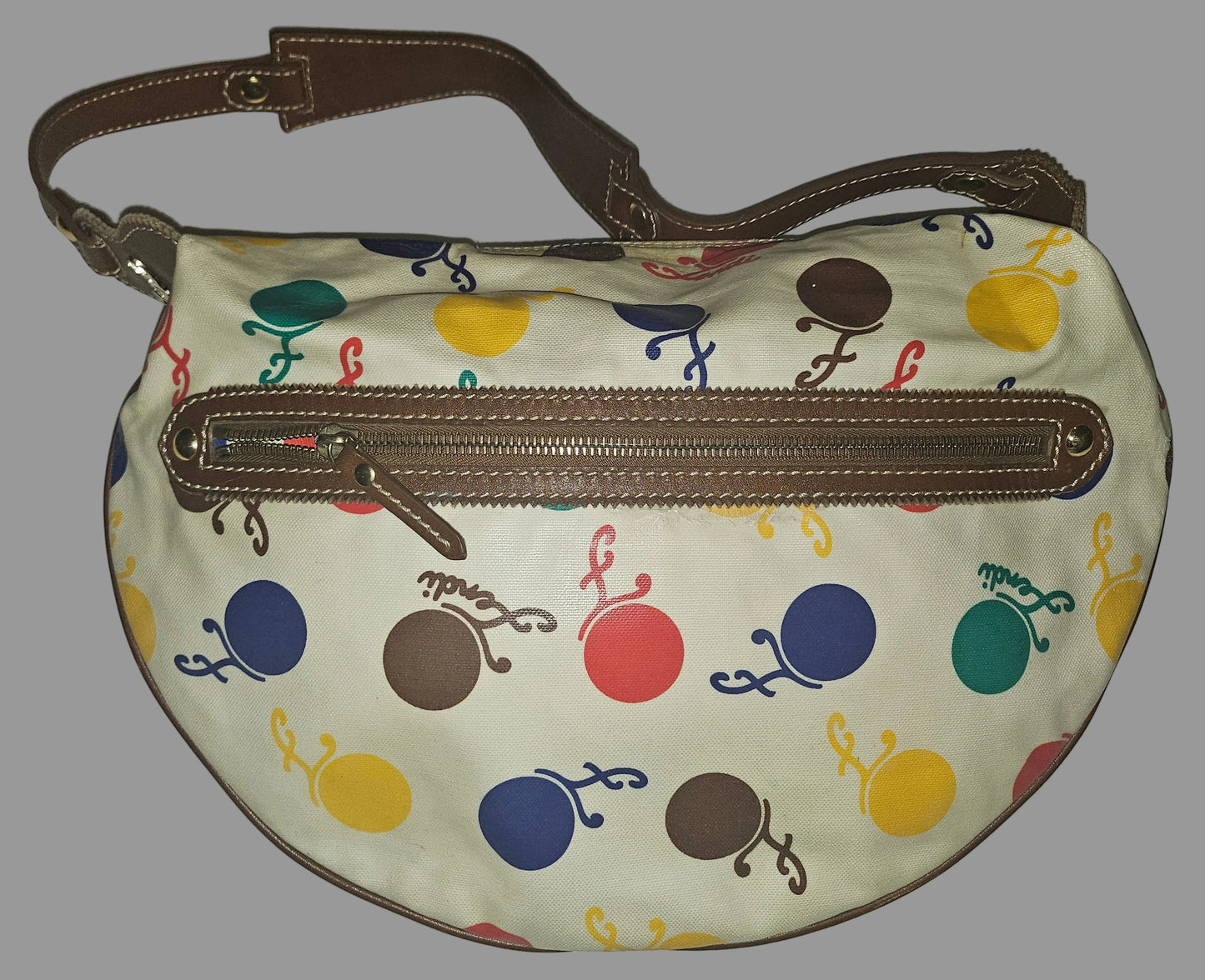Fendi RARE multicolored print & brown leather Karligraphy hobo
