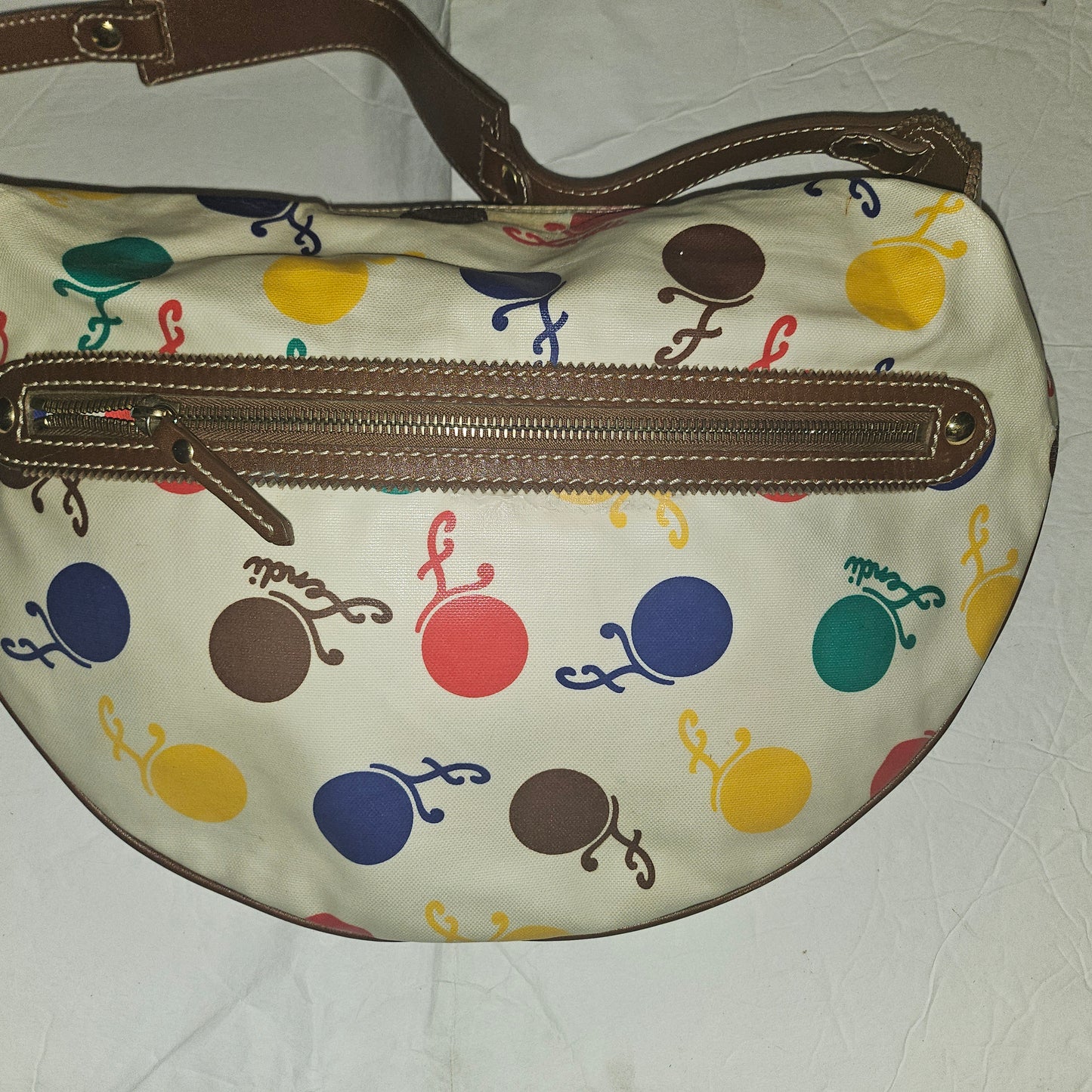 Fendi RARE multicolored print & brown leather Karligraphy hobo