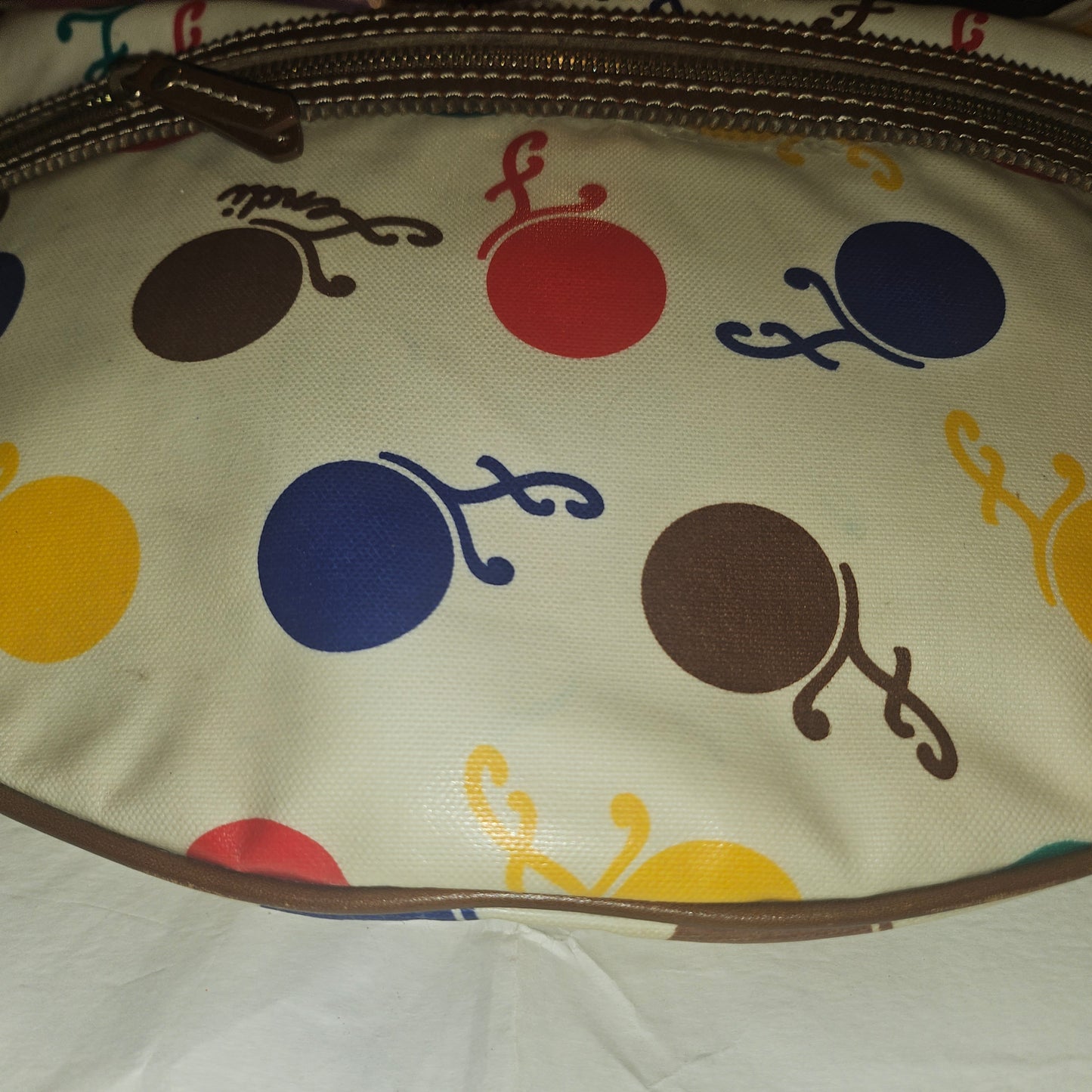Fendi RARE multicolored print & brown leather Karligraphy hobo