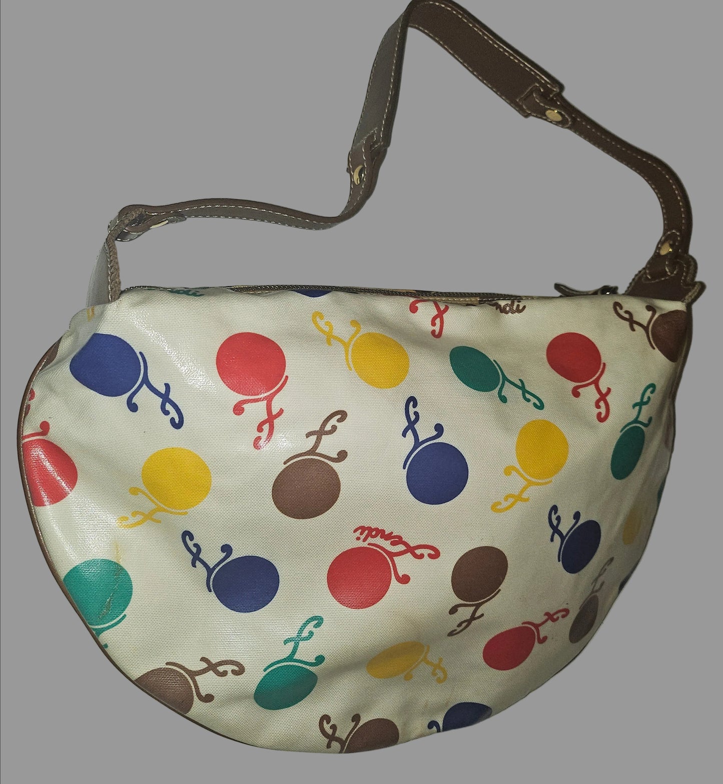 Fendi RARE multicolored print & brown leather Karligraphy hobo