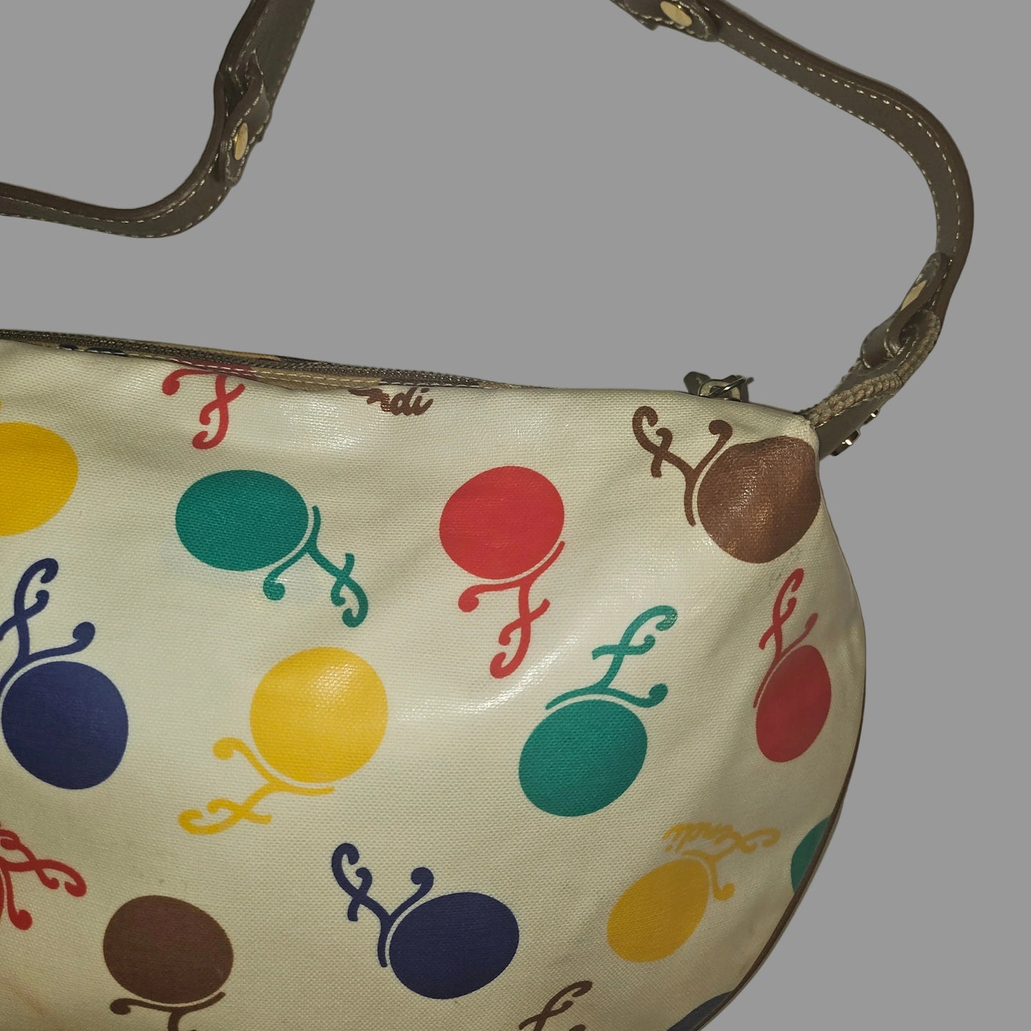 Fendi RARE multicolored print & brown leather Karligraphy hobo