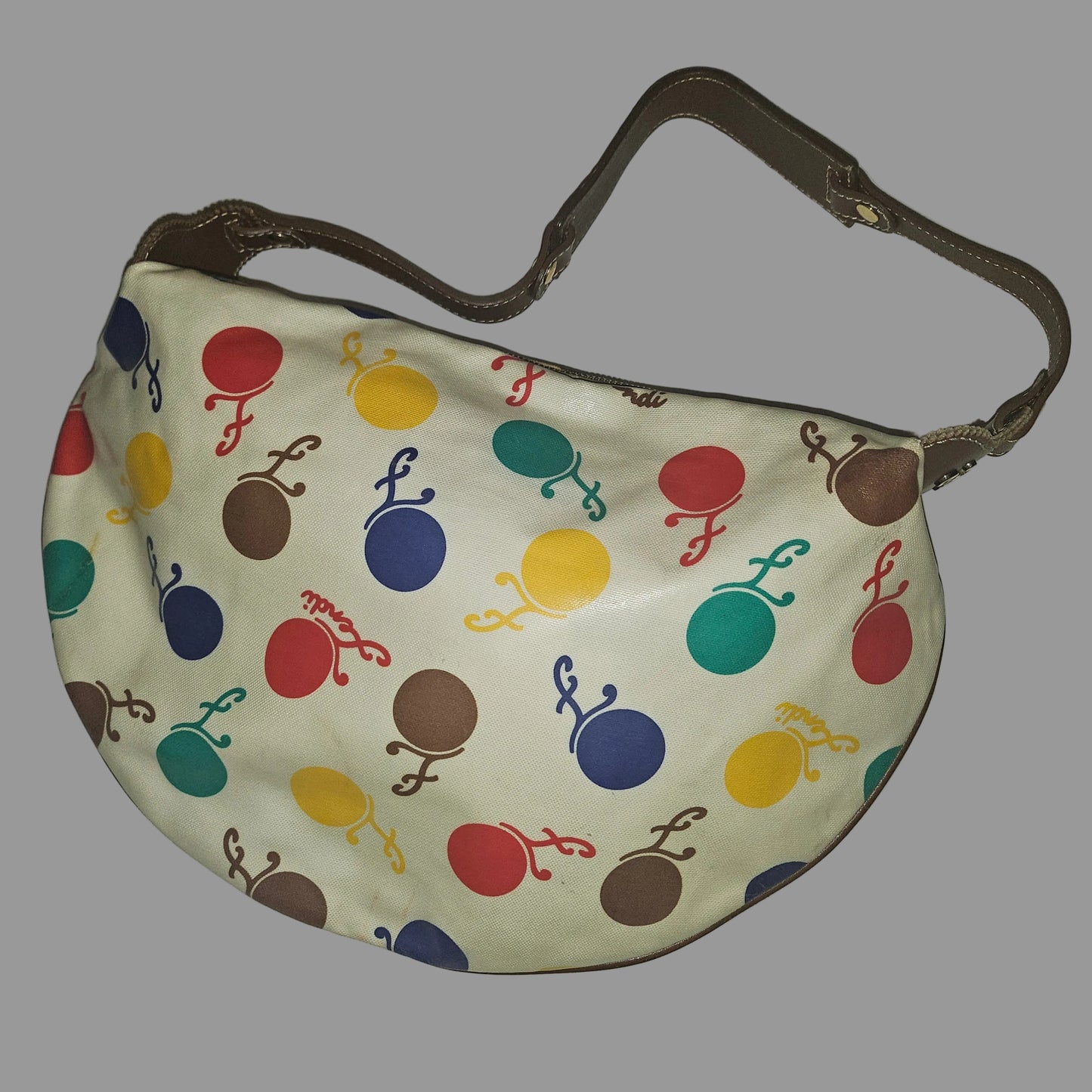 Fendi RARE multicolored print & brown leather Karligraphy hobo