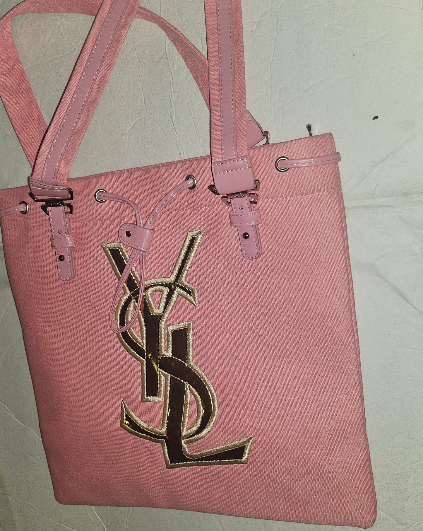 YSL NEW old stock, pink canvas & leather tote with chrome hardware & YSL logo in gold patent leather
