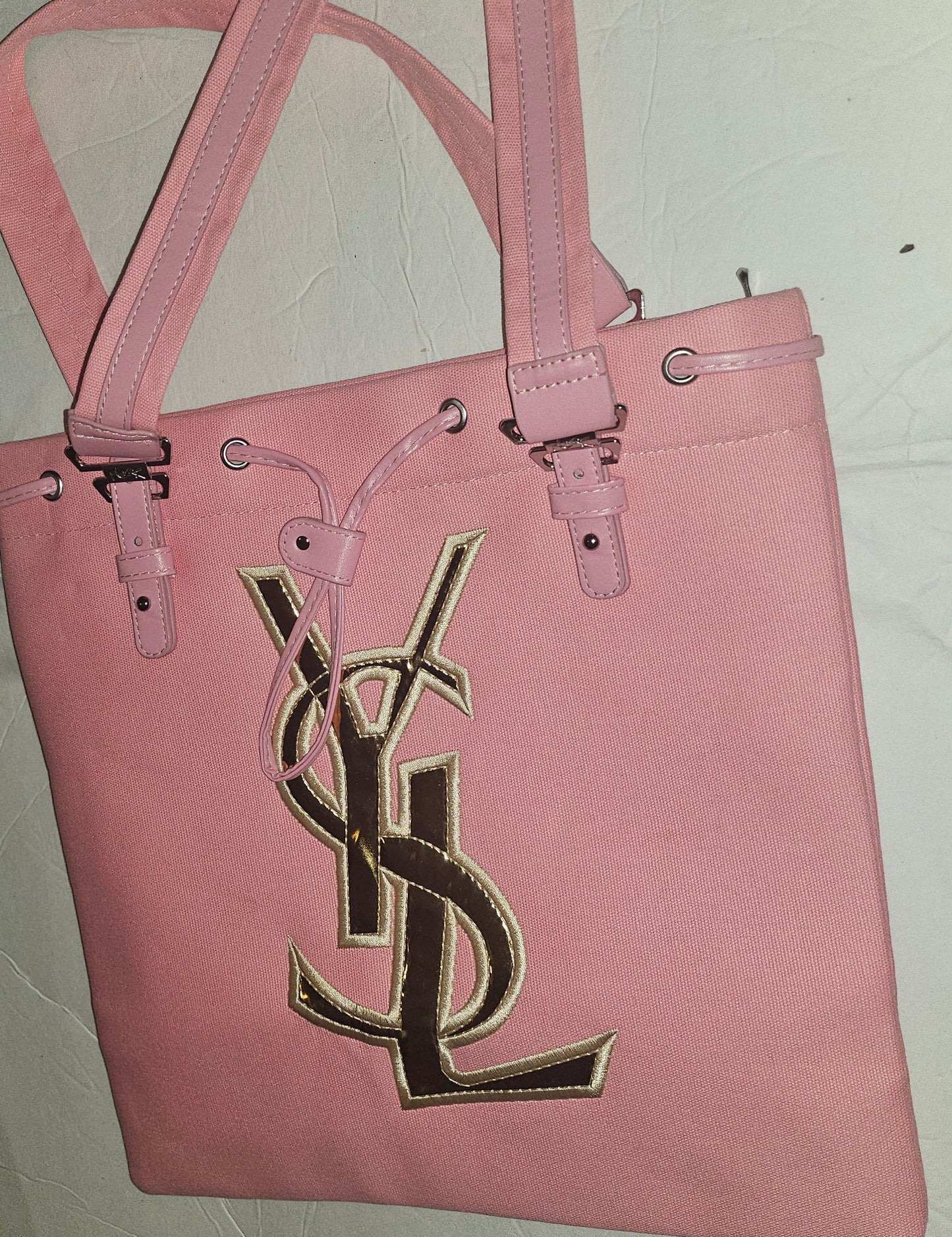 YSL NEW old stock, pink canvas & leather tote with chrome hardware & YSL logo in gold patent leather