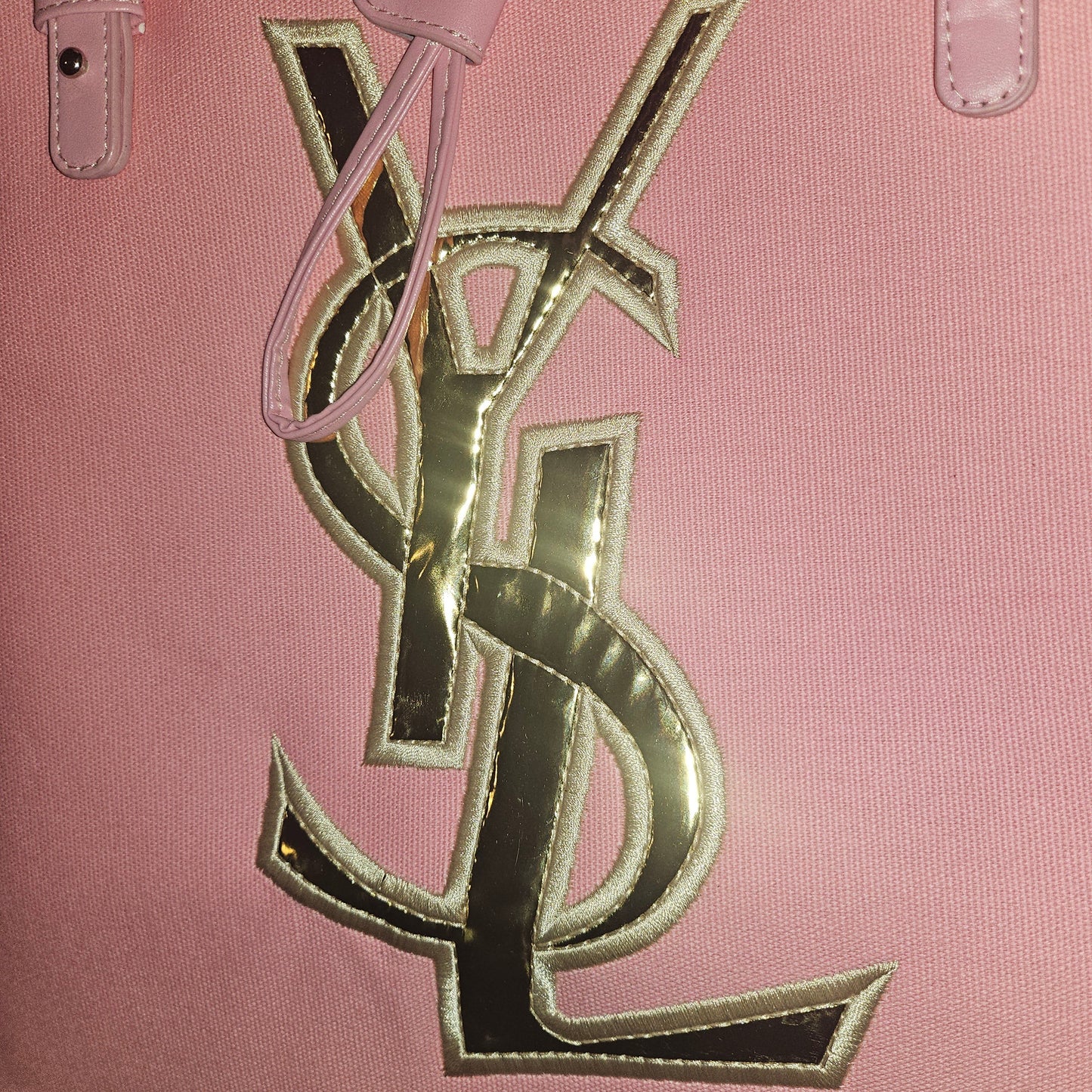 YSL NEW old stock, pink canvas & leather tote with chrome hardware & YSL logo in gold patent leather