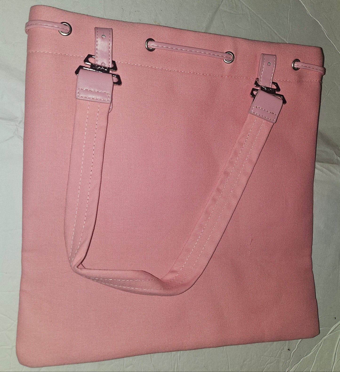 YSL NEW old stock, pink canvas & leather tote with chrome hardware & YSL logo in gold patent leather