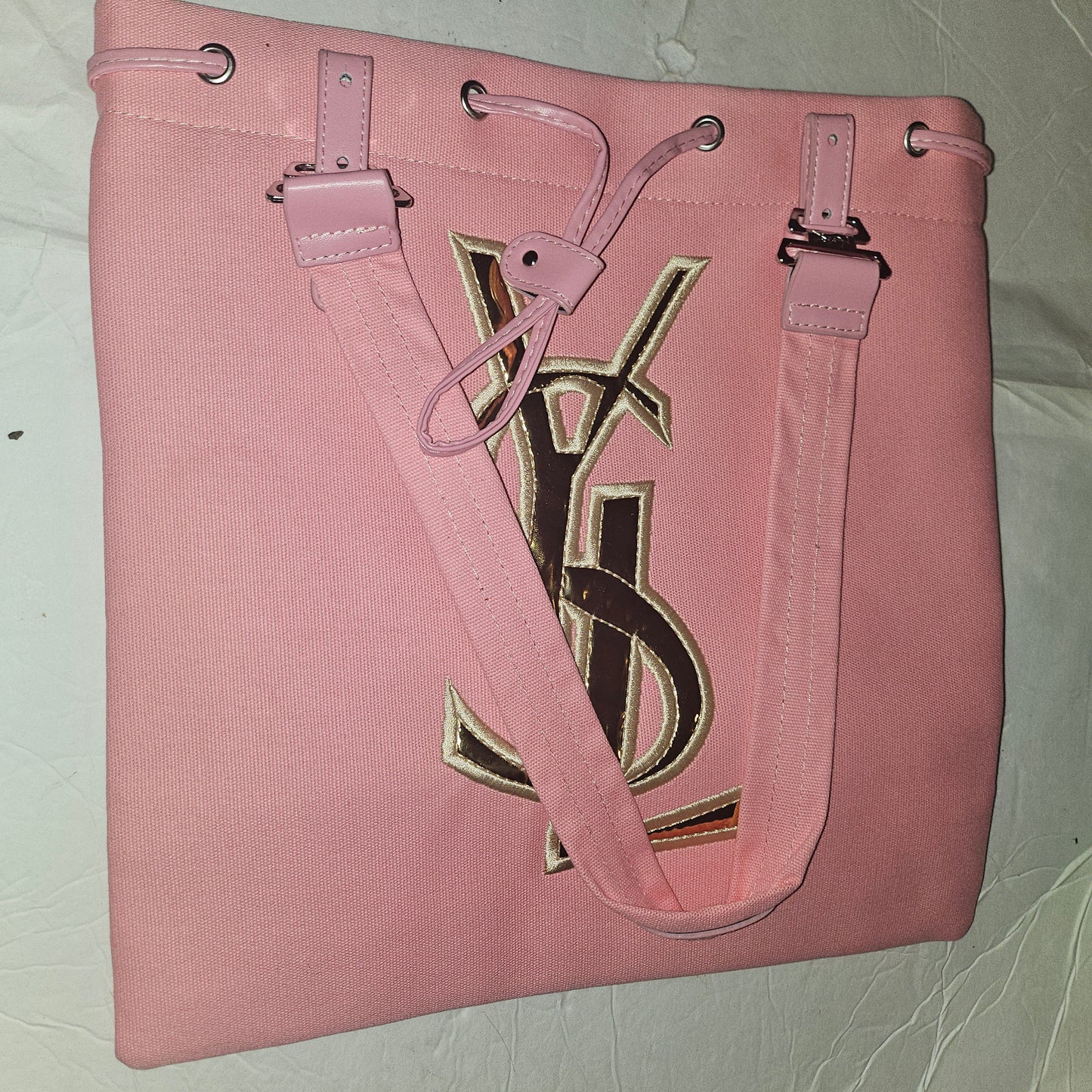 YSL NEW old stock, pink canvas & leather tote with chrome hardware & YSL logo in gold patent leather