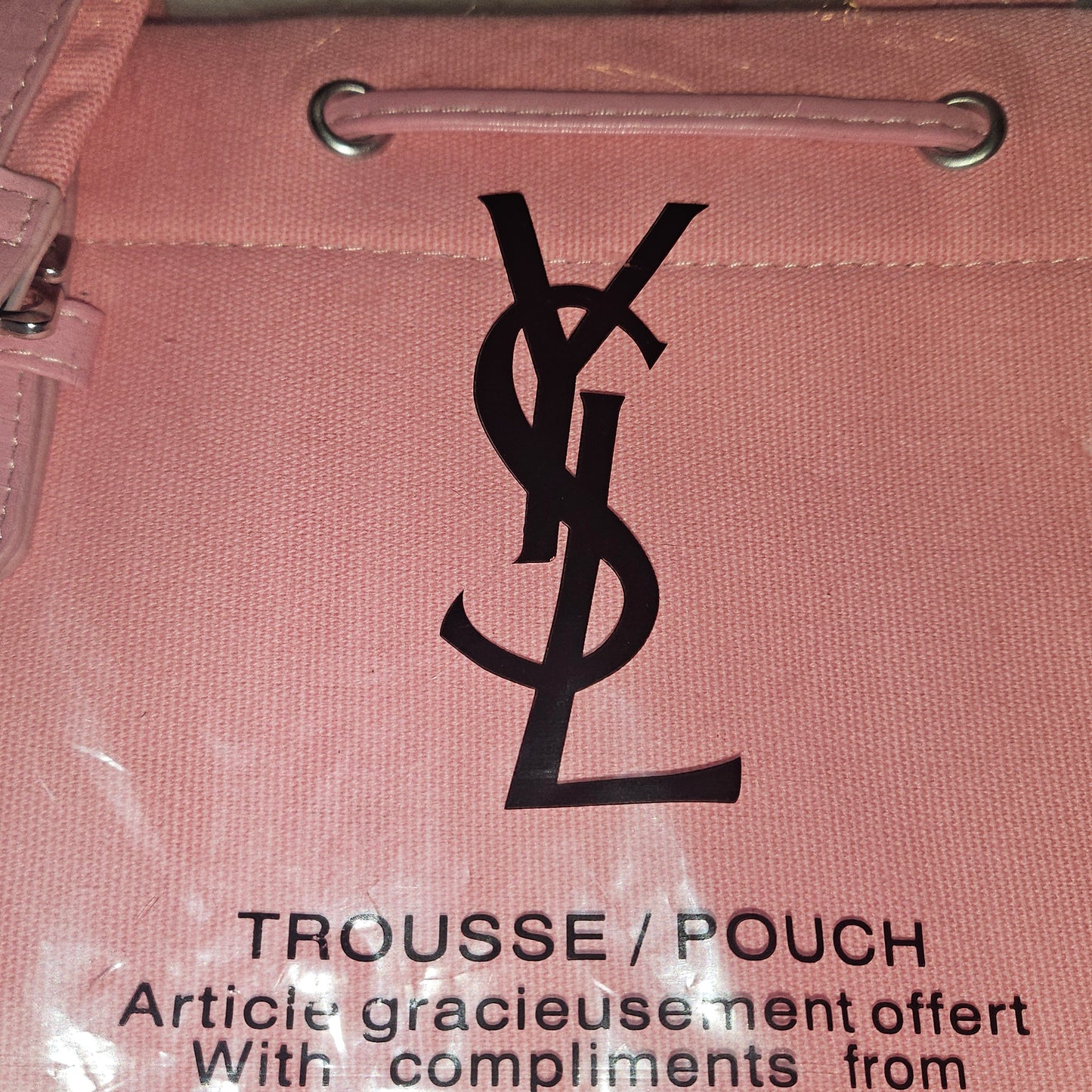 YSL NEW old stock, pink canvas & leather tote with chrome hardware & YSL logo in gold patent leather