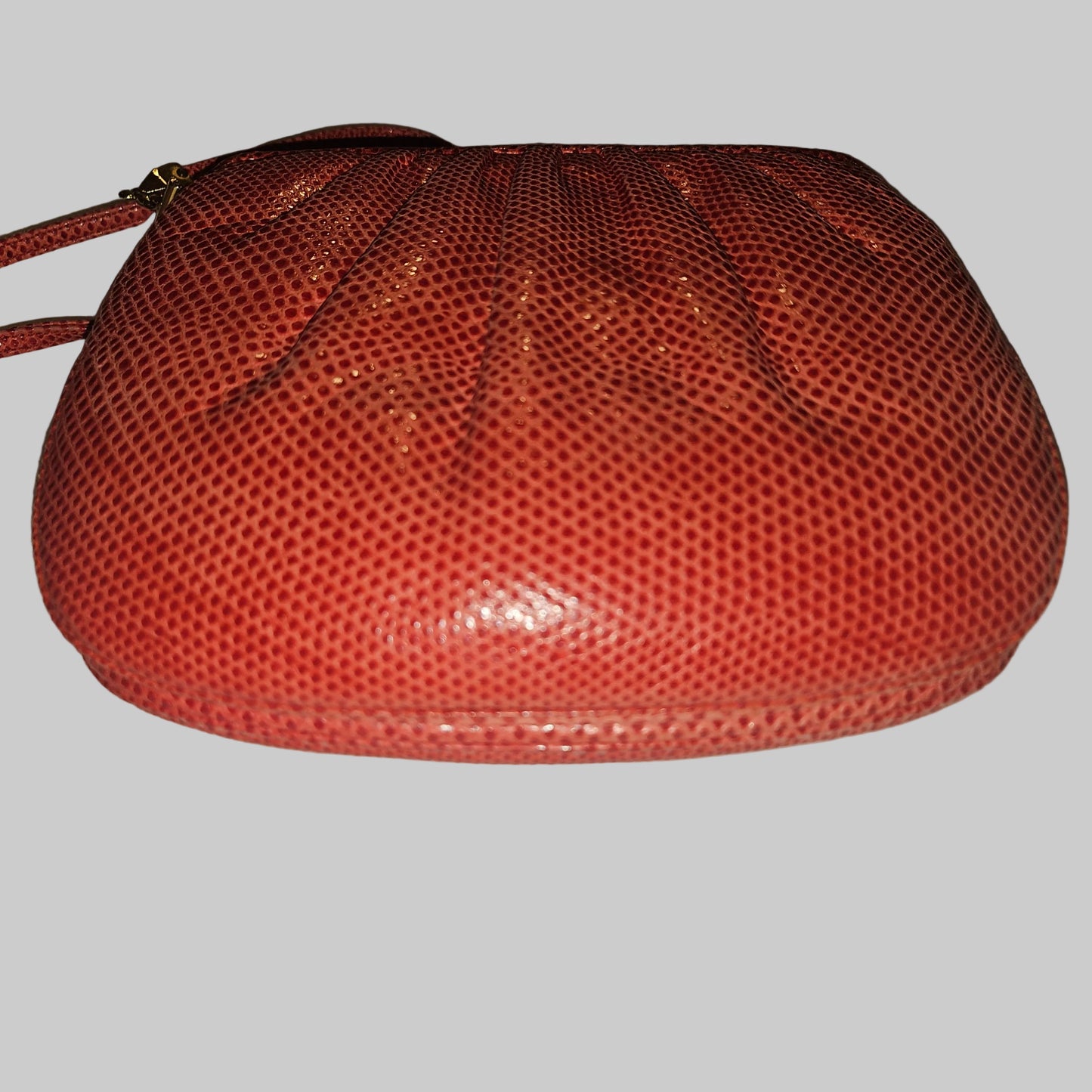 Judith Lieber unique red reptile skin leather two-way bag with a bow accent & rose quartz & ruby cabochon clasp