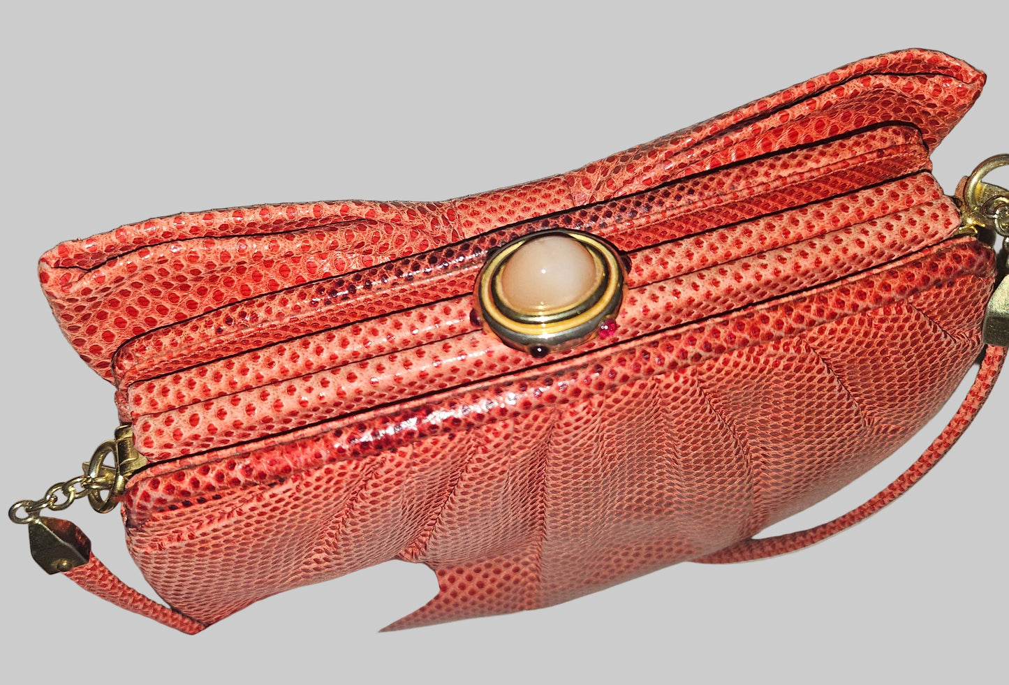 Judith Lieber unique red reptile skin leather two-way bag with a bow accent & rose quartz & ruby cabochon clasp