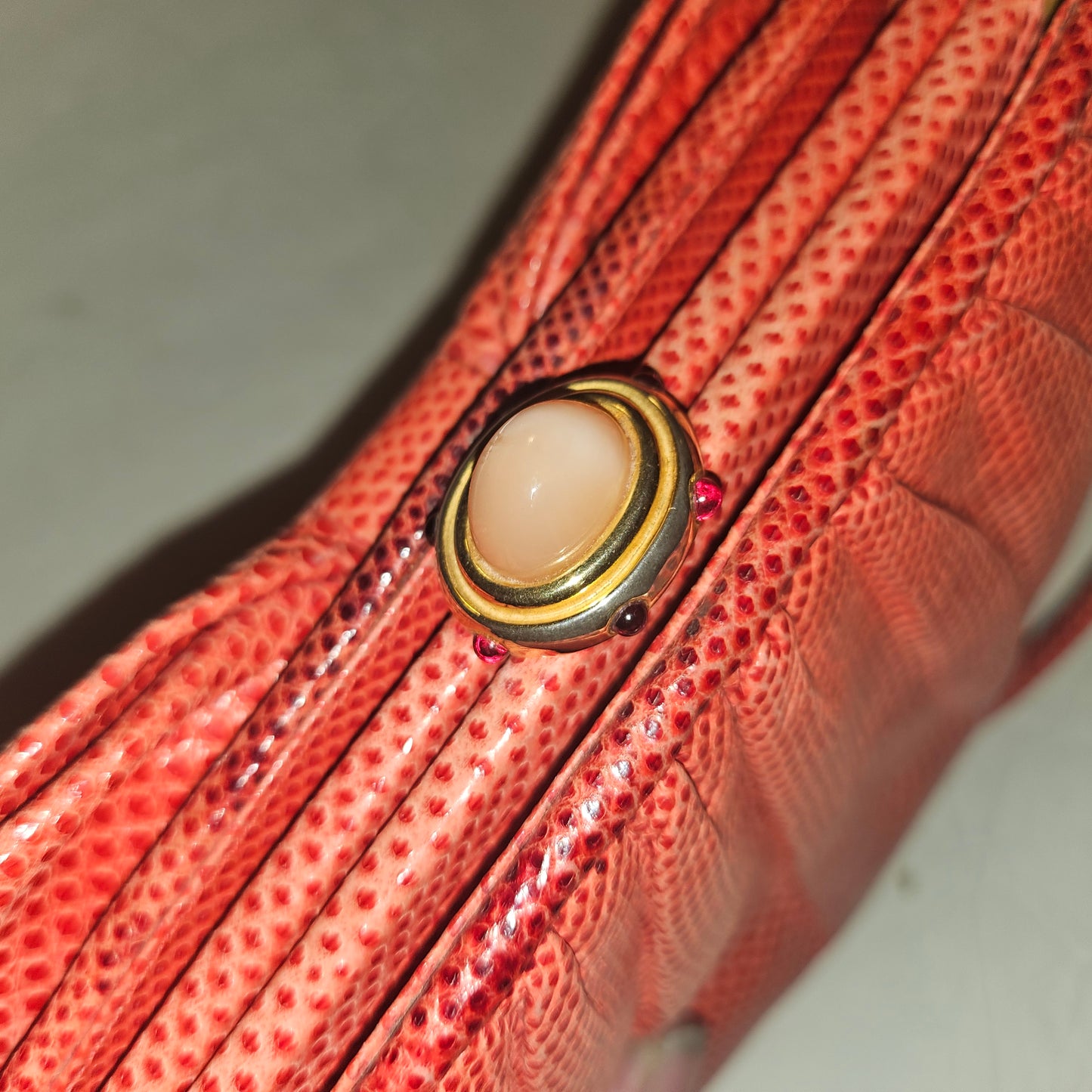 Judith Lieber unique red reptile skin leather two-way bag with a bow accent & rose quartz & ruby cabochon clasp