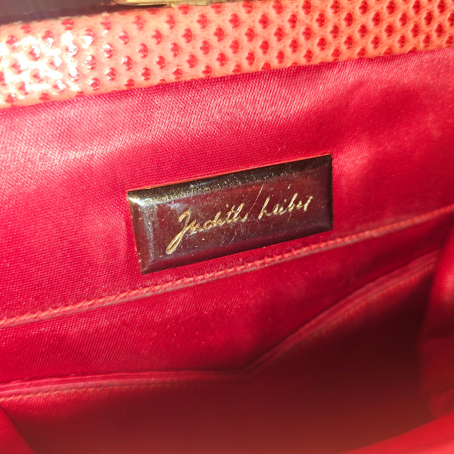 Judith Lieber unique red reptile skin leather two-way bag with a bow accent & rose quartz & ruby cabochon clasp