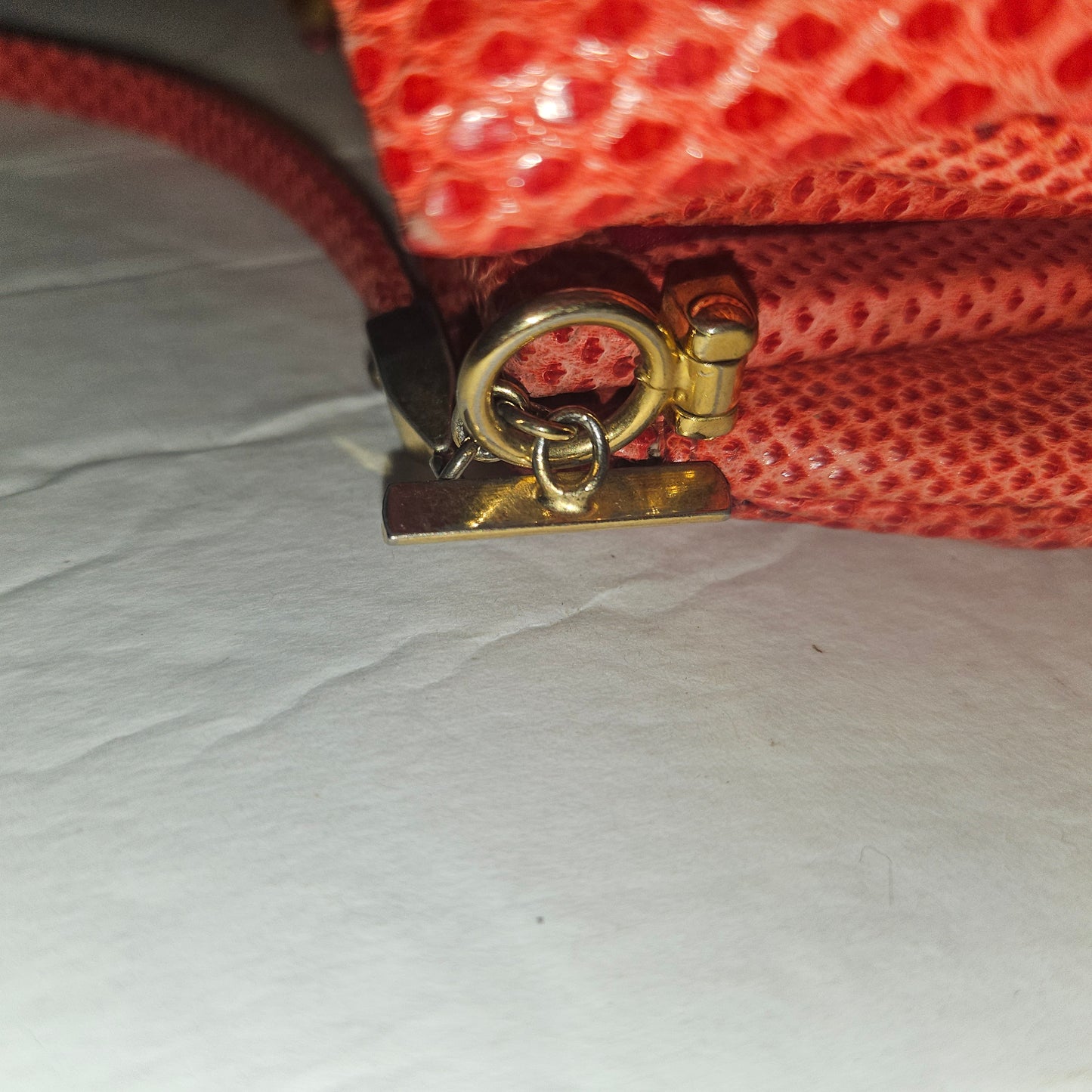 Judith Lieber unique red reptile skin leather two-way bag with a bow accent & rose quartz & ruby cabochon clasp