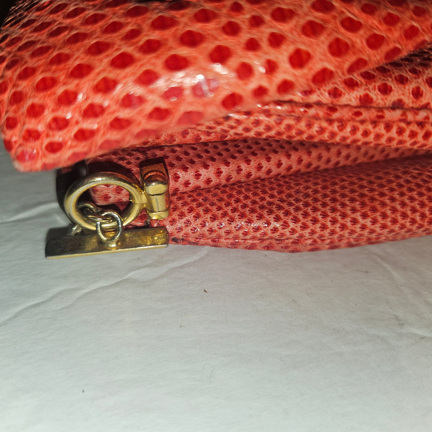 Judith Lieber unique red reptile skin leather two-way bag with a bow accent & rose quartz & ruby cabochon clasp