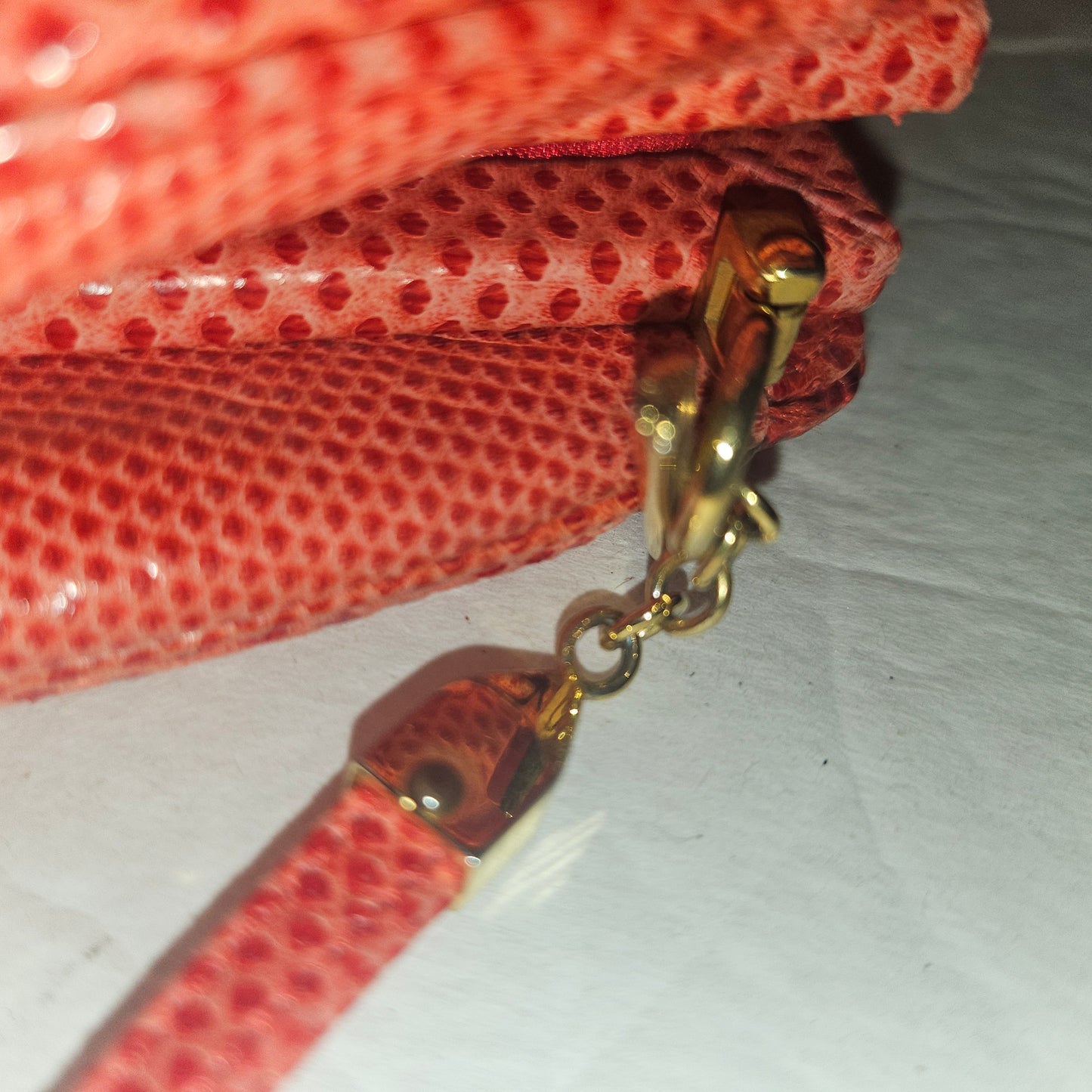 Judith Lieber unique red reptile skin leather two-way bag with a bow accent & rose quartz & ruby cabochon clasp