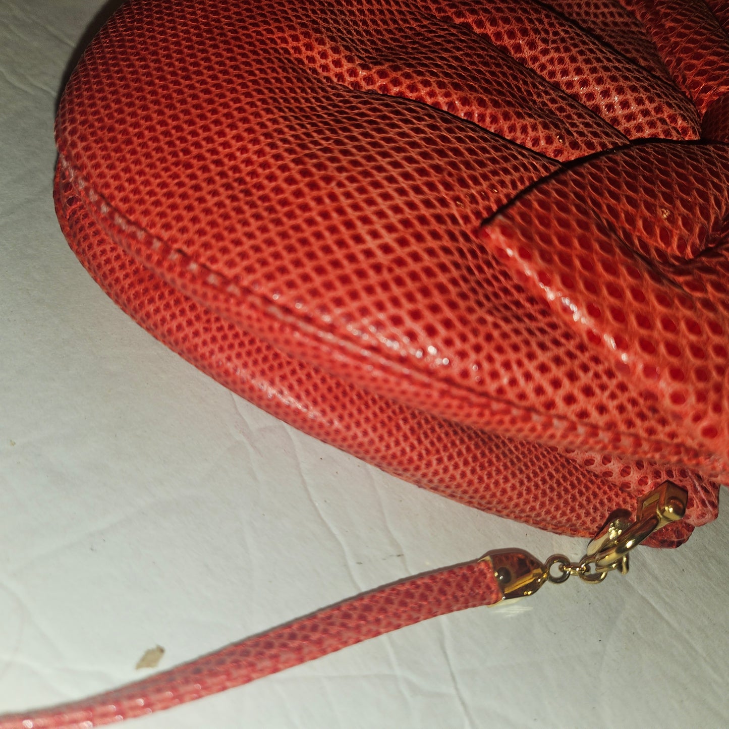 Judith Lieber unique red reptile skin leather two-way bag with a bow accent & rose quartz & ruby cabochon clasp