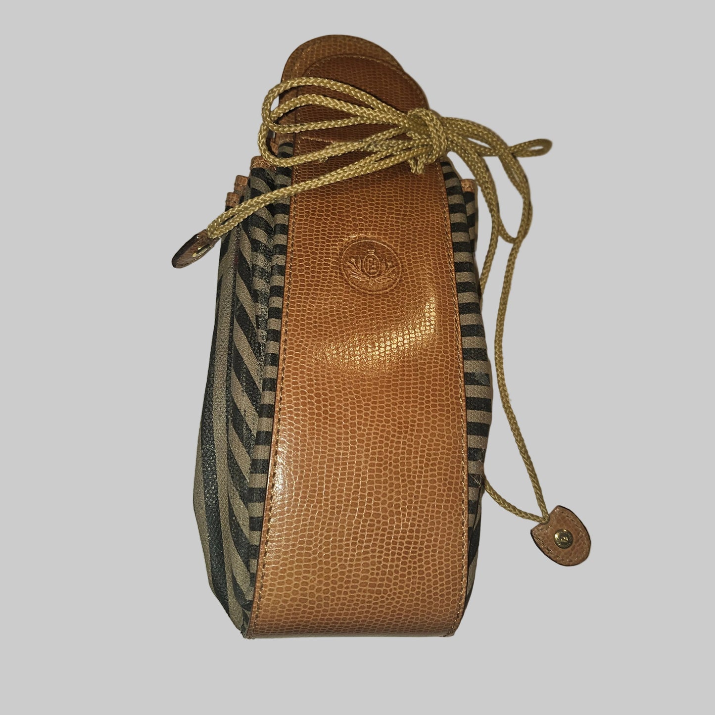 Fendi camel & black regimental striped print and camel hard leather drawstring top, fan-shaped bucket bag!
