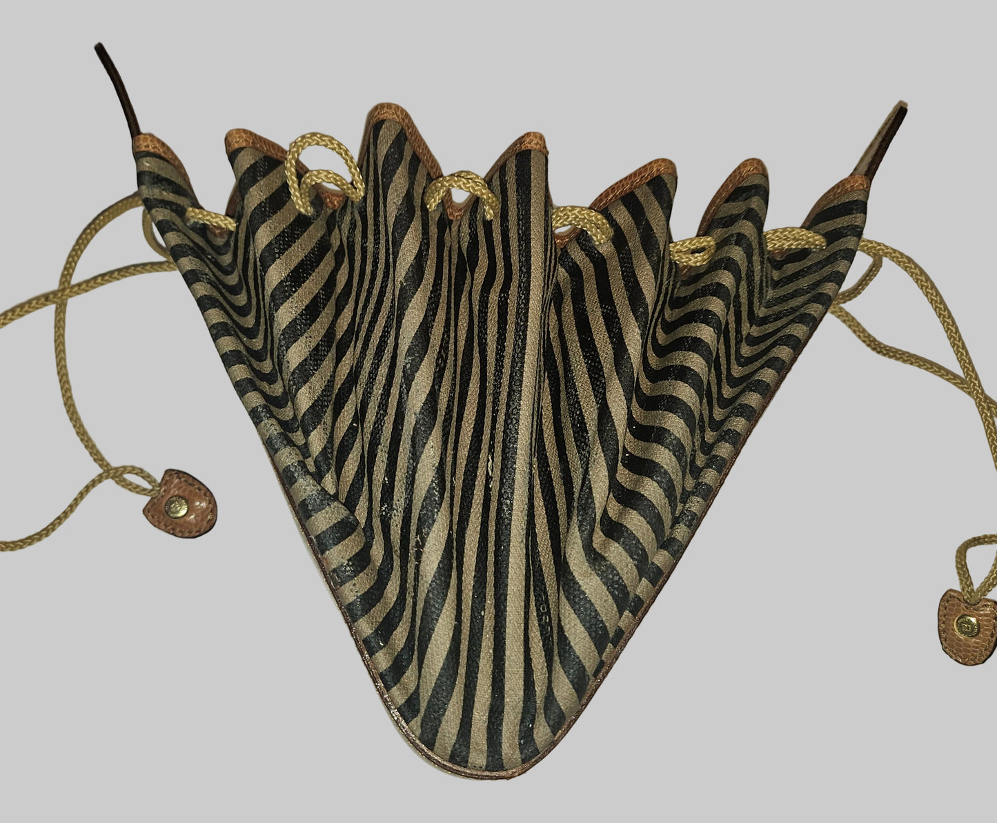 Fendi camel & black regimental striped print and camel hard leather drawstring top, fan-shaped bucket bag!