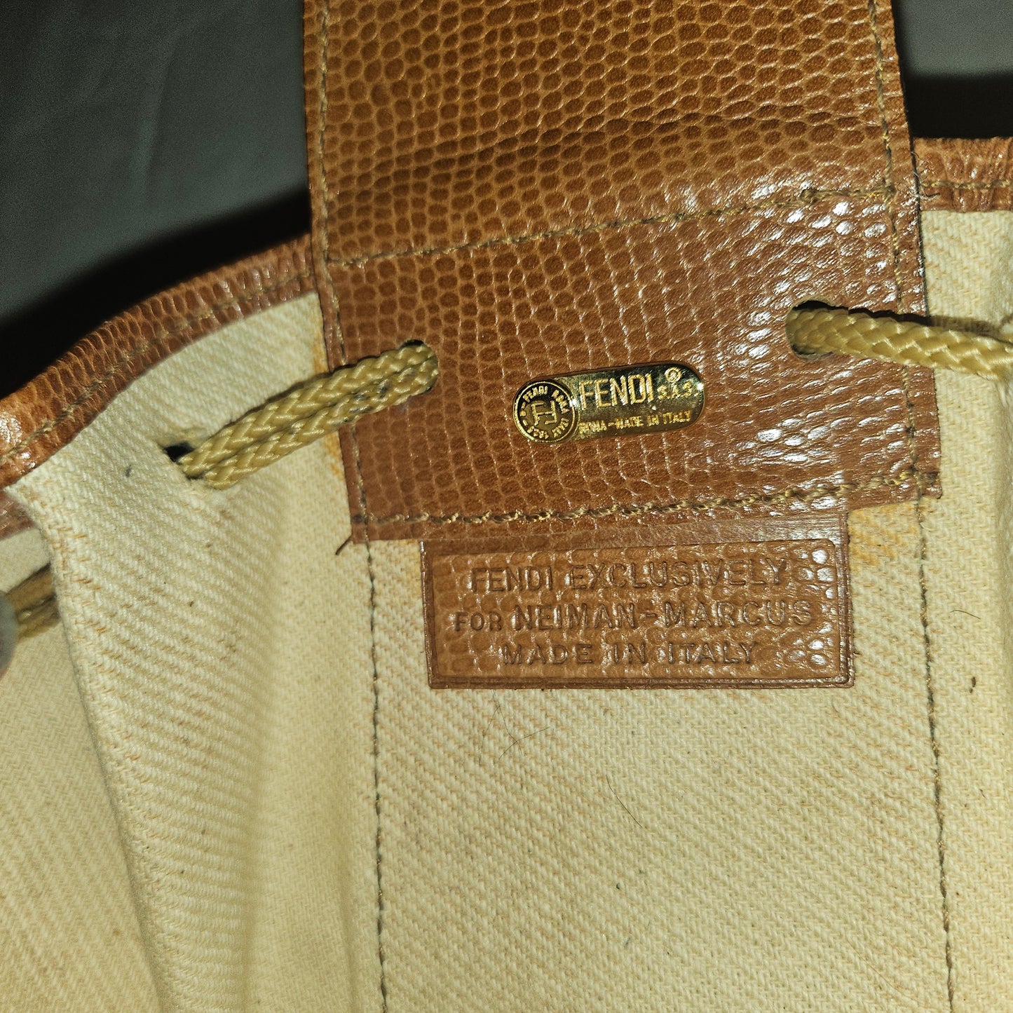 Fendi camel & black regimental striped print and camel hard leather drawstring top, fan-shaped bucket bag!