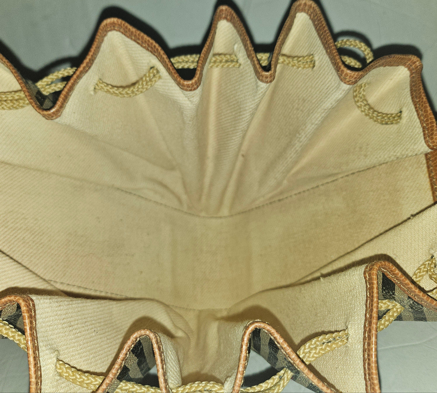 Fendi camel & black regimental striped print and camel hard leather drawstring top, fan-shaped bucket bag!