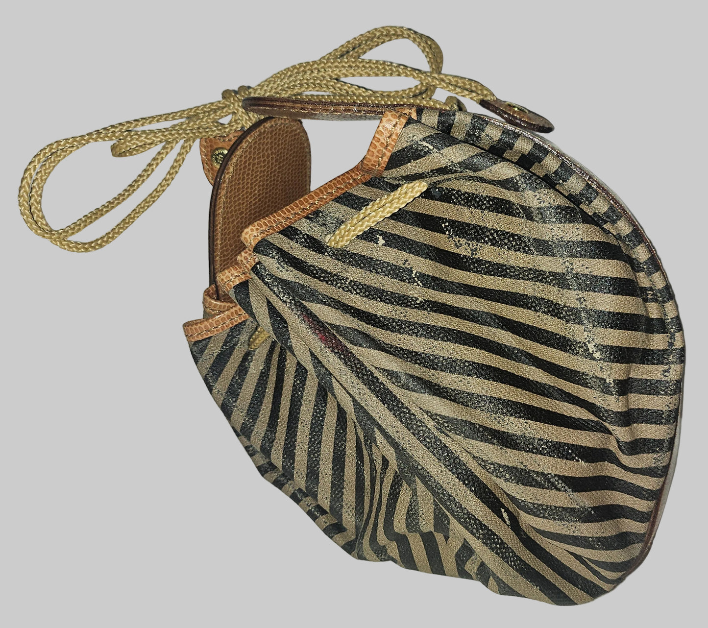 Fendi camel & black regimental striped print and camel hard leather drawstring top, fan-shaped bucket bag!