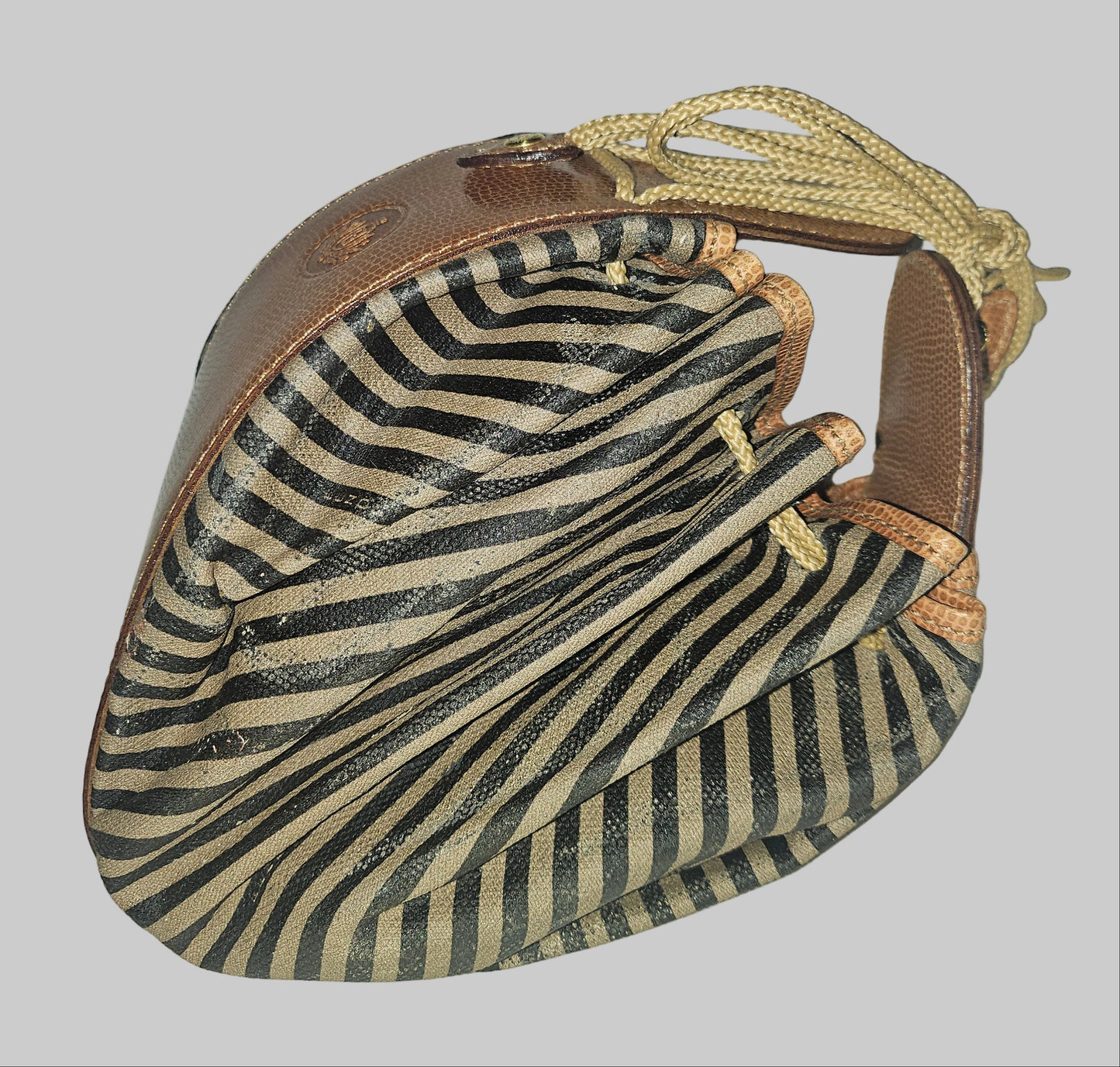 Fendi camel & black regimental striped print and camel hard leather drawstring top, fan-shaped bucket bag!