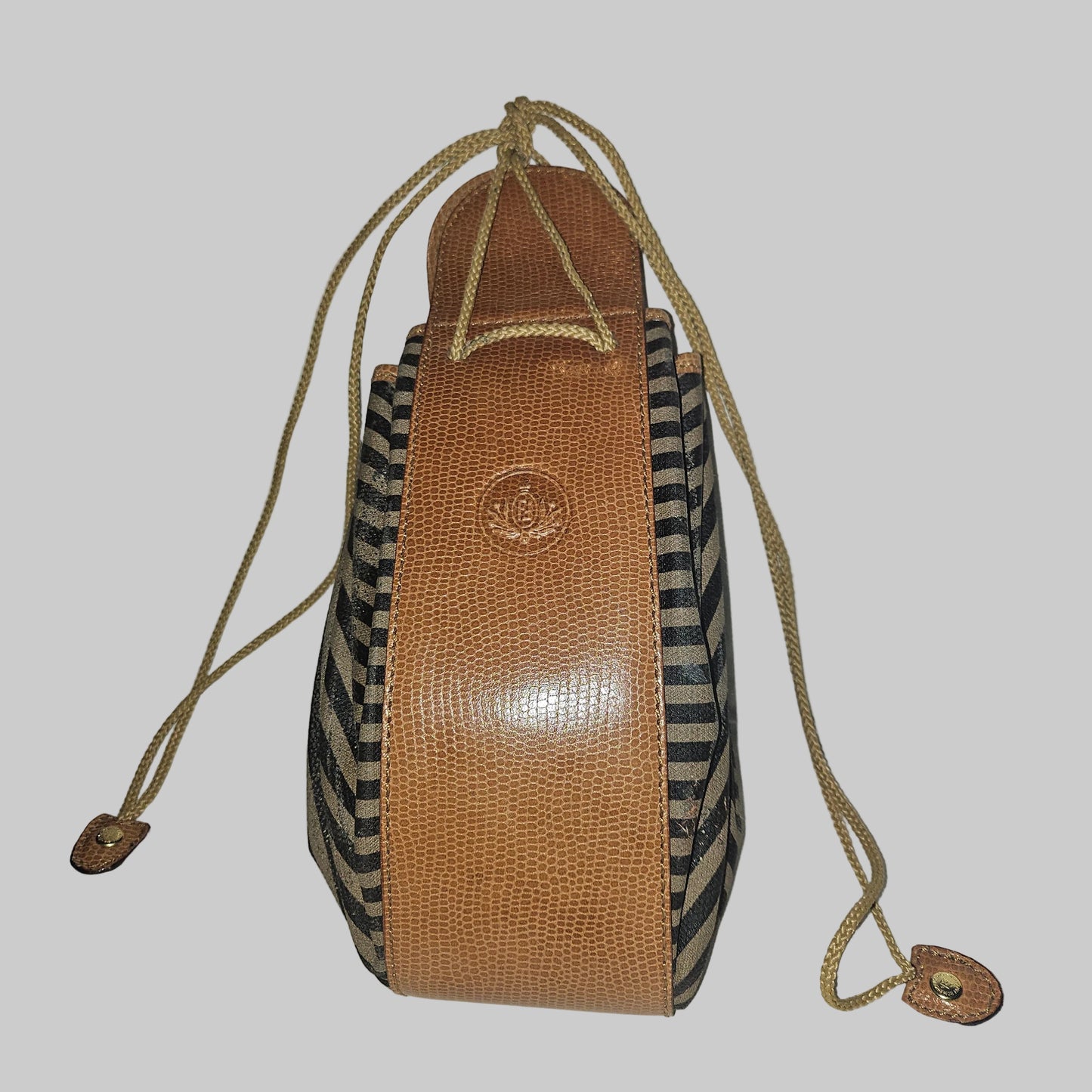 Fendi camel & black regimental striped print and camel hard leather drawstring top, fan-shaped bucket bag!