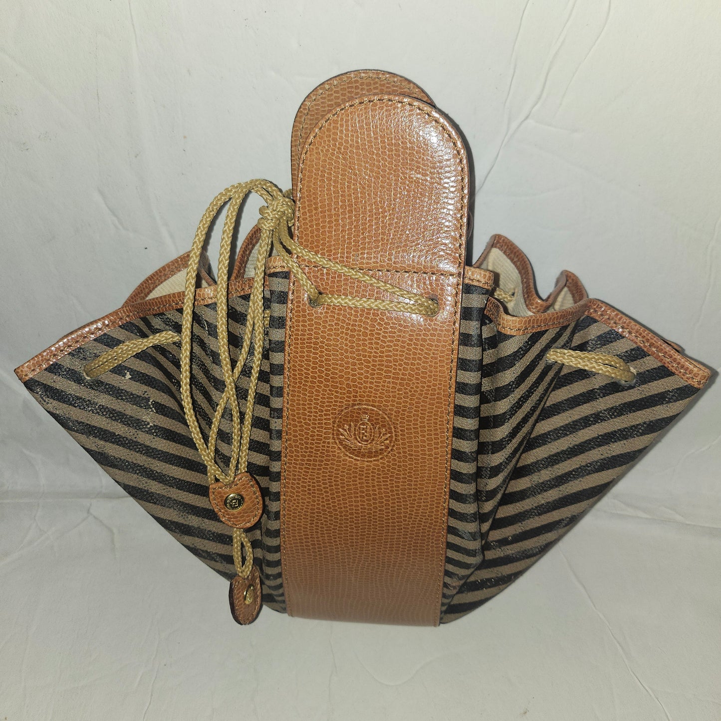 Fendi camel & black regimental striped print and camel hard leather drawstring top, fan-shaped bucket bag!