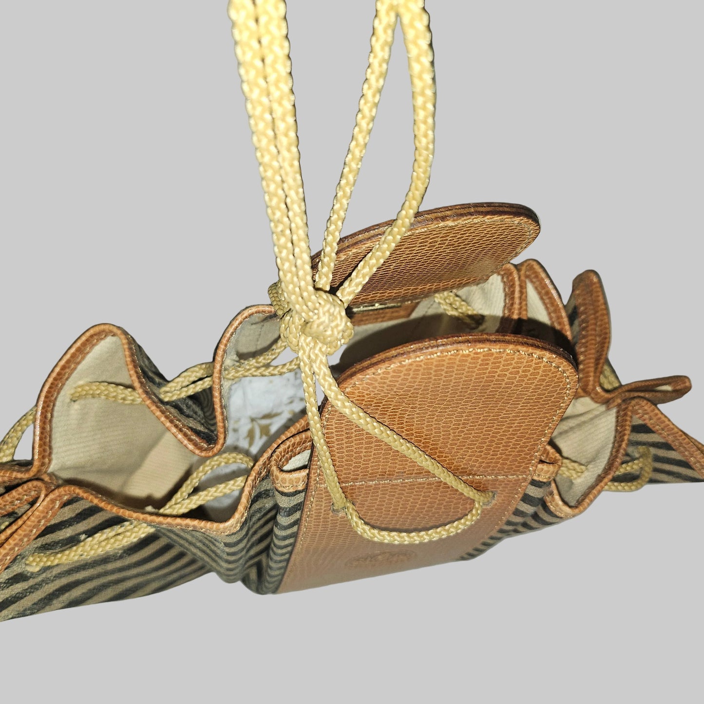 Fendi camel & black regimental striped print and camel hard leather drawstring top, fan-shaped bucket bag!