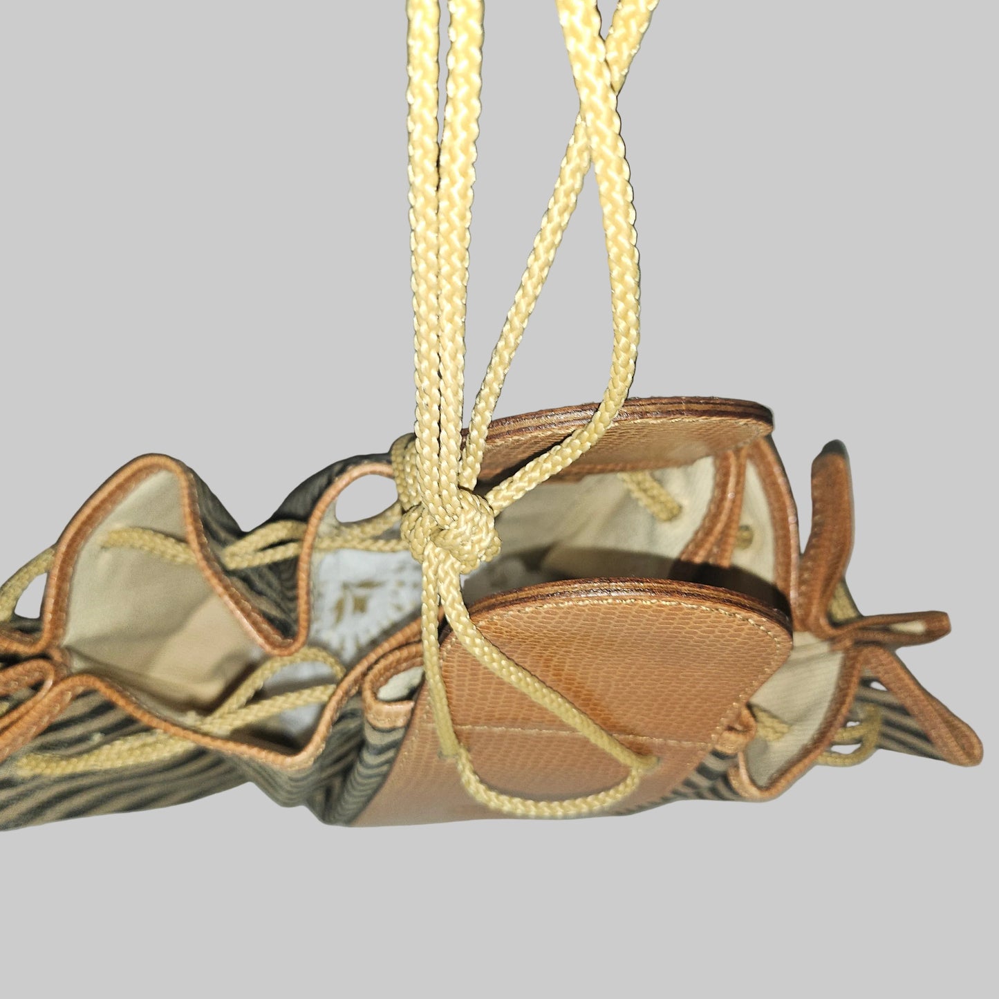 Fendi camel & black regimental striped print and camel hard leather drawstring top, fan-shaped bucket bag!