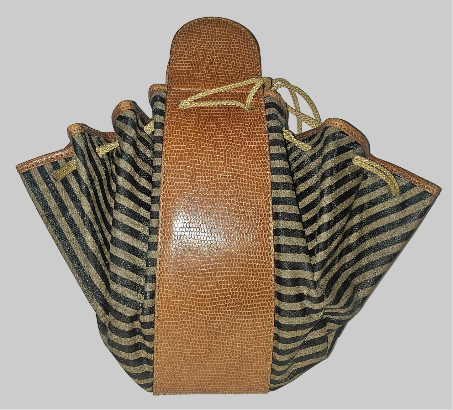 Fendi camel & black regimental striped print and camel hard leather drawstring top, fan-shaped bucket bag!