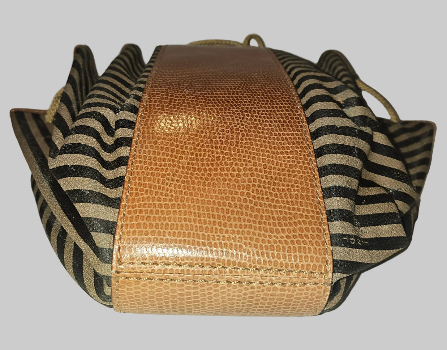 Fendi camel & black regimental striped print and camel hard leather drawstring top, fan-shaped bucket bag!