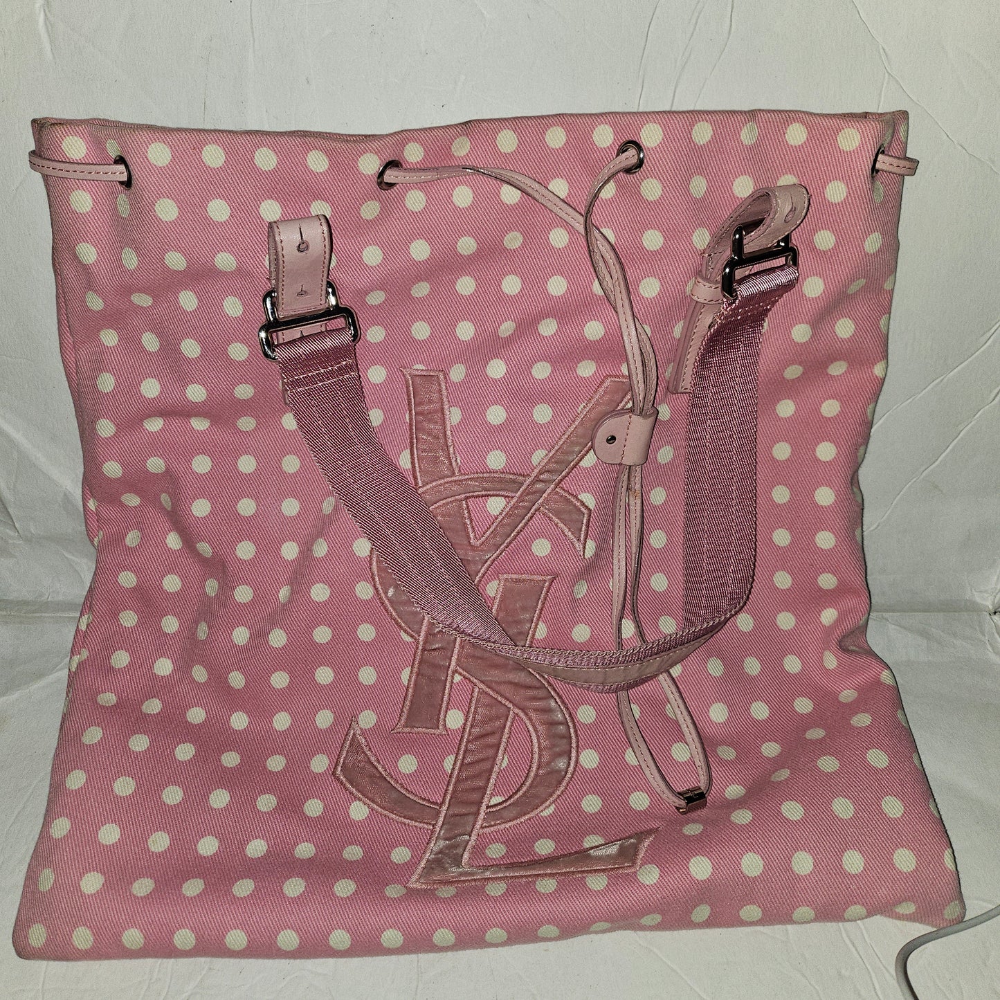 YSL Iconic Pink & White Polka Dot Print Canvas & Leather Tote