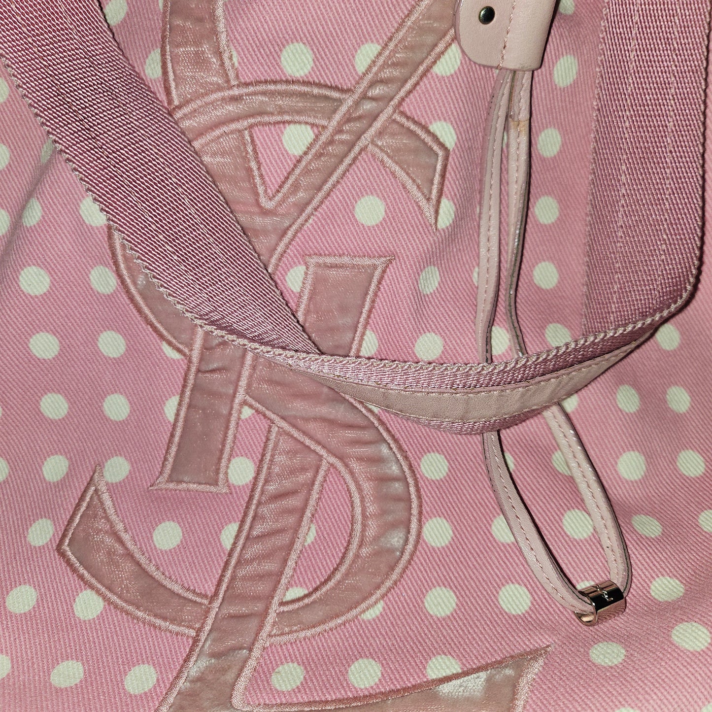 YSL Iconic Pink & White Polka Dot Print Canvas & Leather Tote